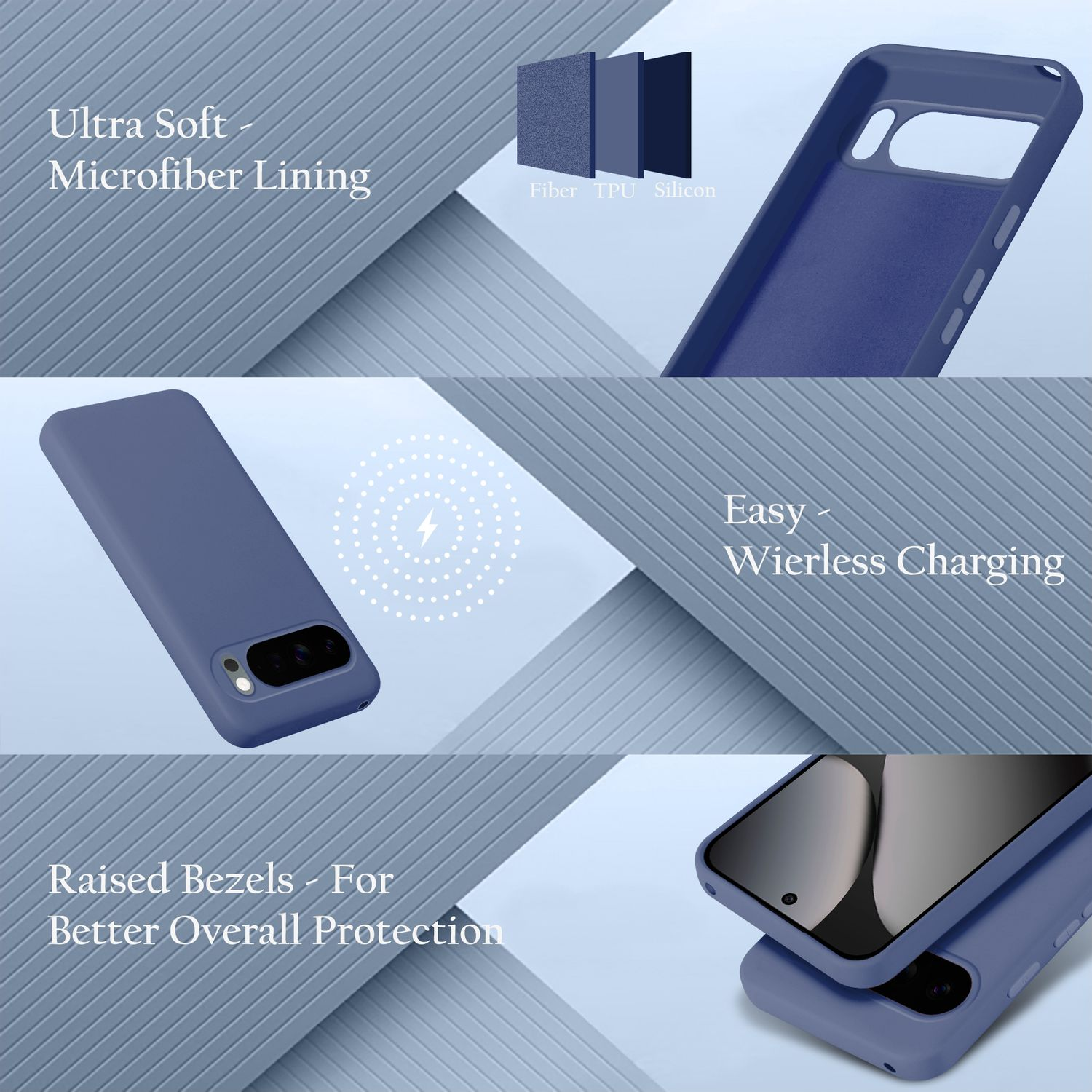 Drei Schichten eines blauen Handyhülle mit Text: Ultra Soft Mikrofaser.