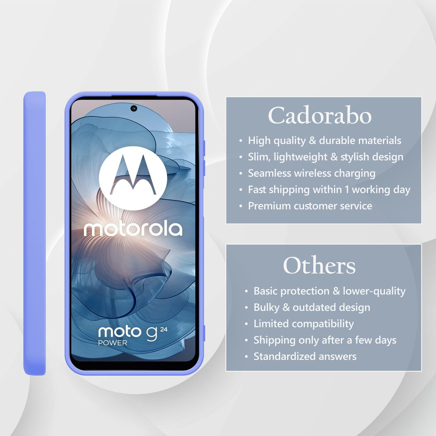 Lila Handyhülle für Motorola Moto G 24 mit Produktmerkmalen.