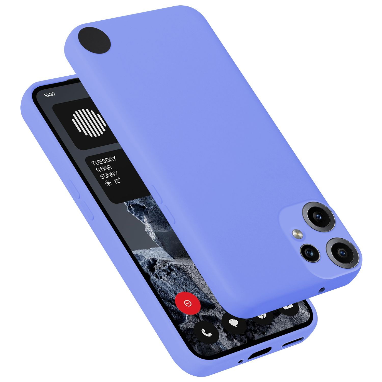 Eine hellviolette Handyhülle bedeckt ein Smartphone mit dunklem Hintergrund und Symbolen.