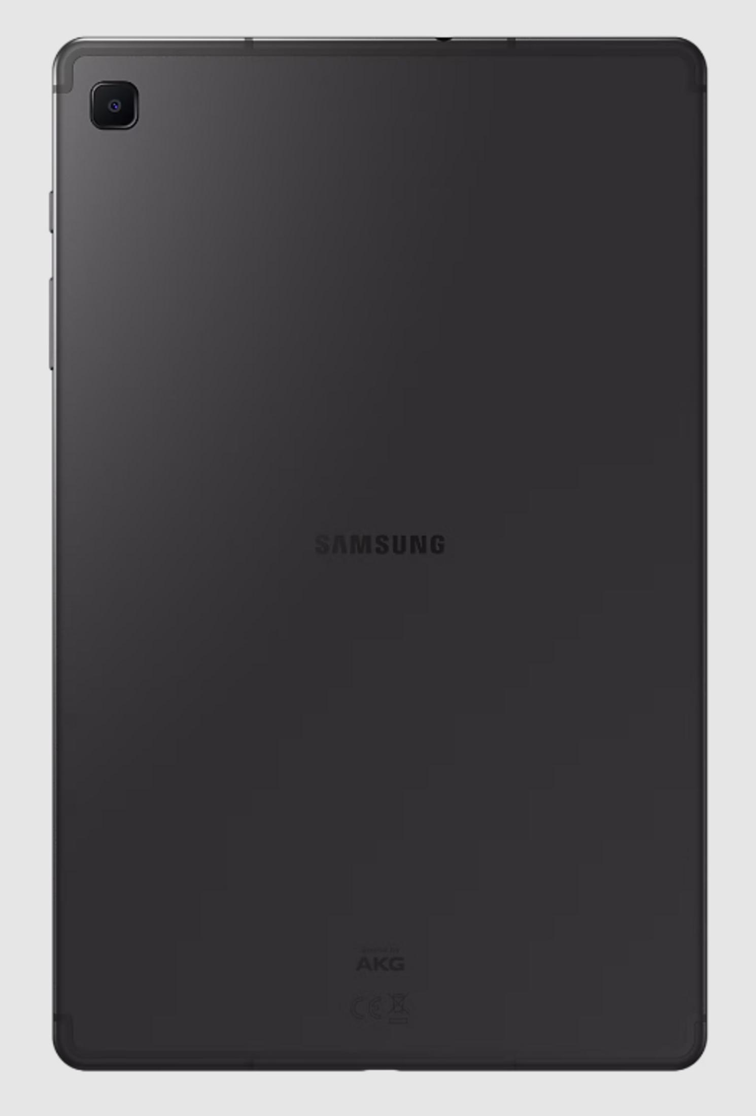 Tablet Samsung grigio scuro con fotocamera in alto a sinistra e logo.