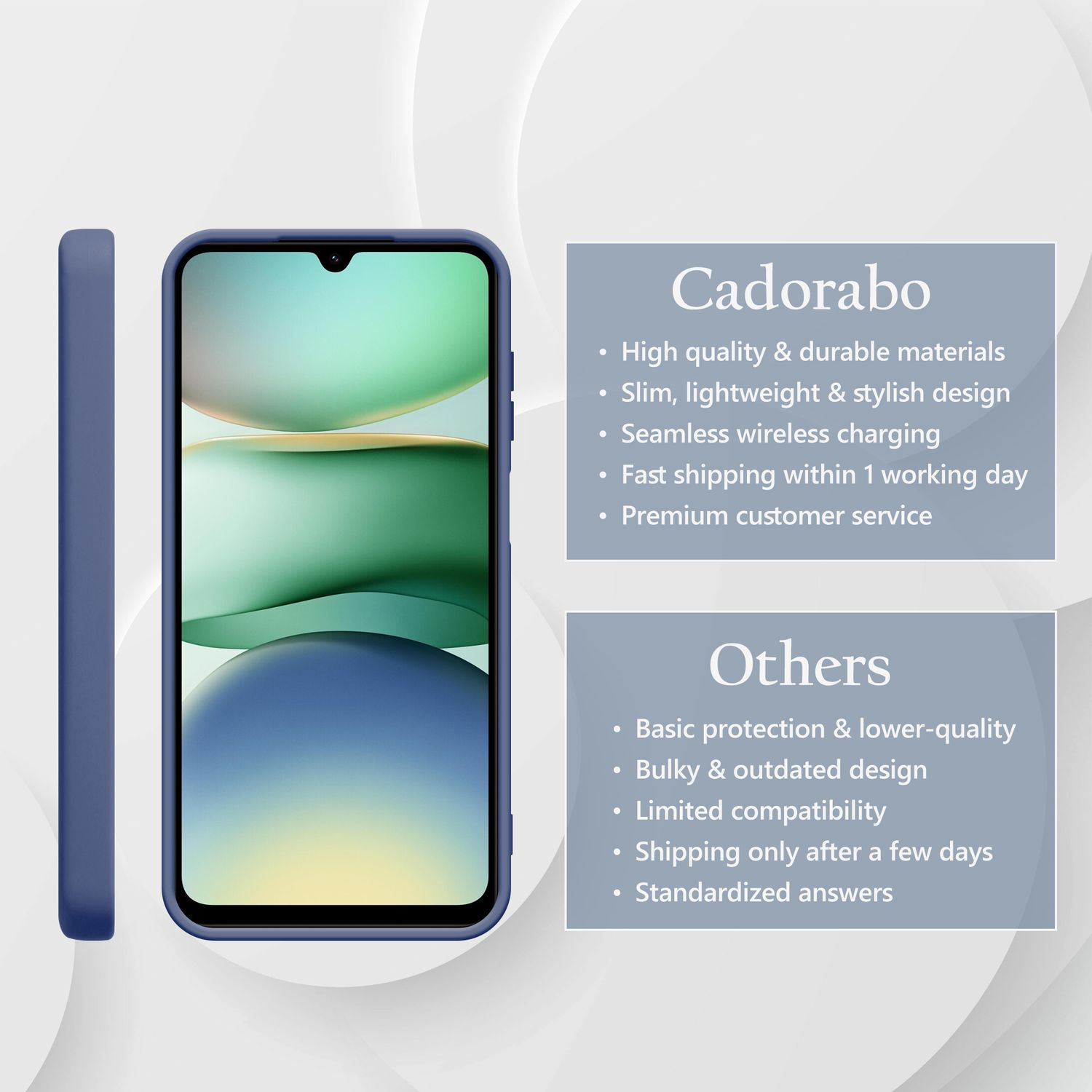 Ein blaues Handy mit Hülle und Produktinformationen.