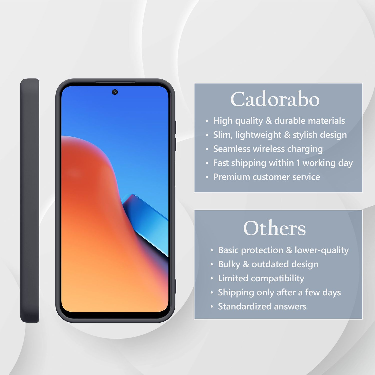 Dunkelgraues Handycase neben einem Smartphone mit buntem Hintergrund.