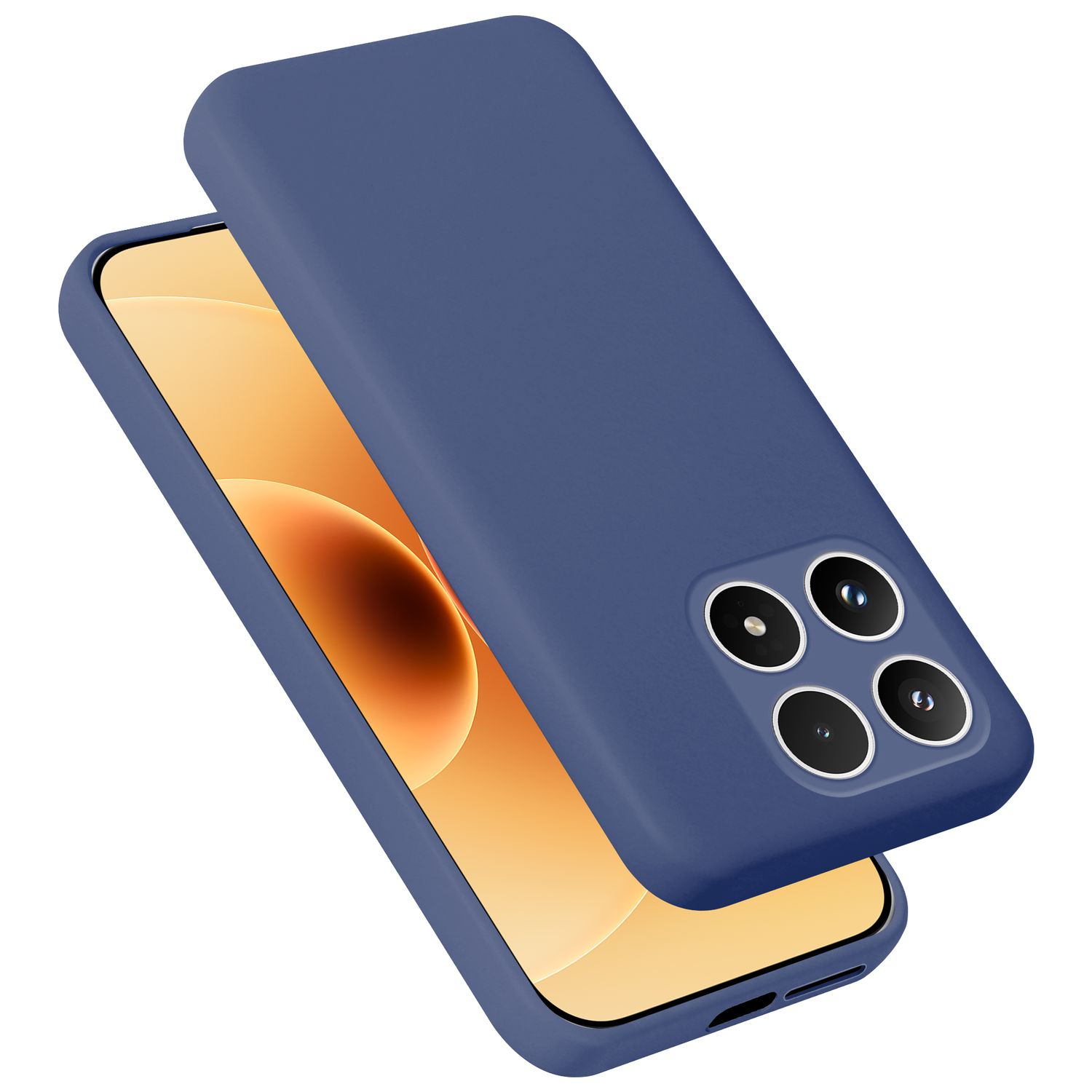 Eine blaue Handyhülle liegt auf einem Telefon, das einen gelben Hintergrund hat.