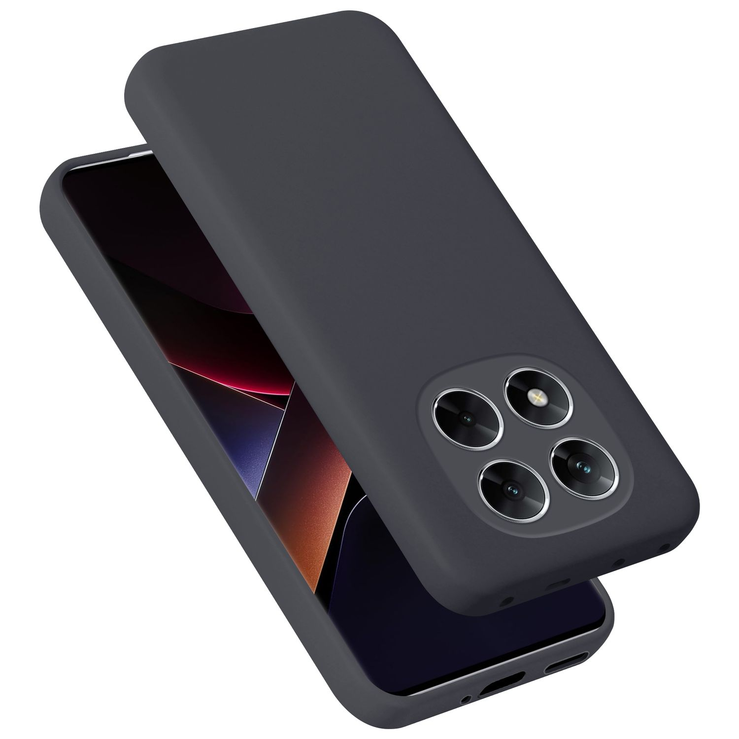 Eine dunkelgraue Handyhülle wird mit einem Smartphone darunter gezeigt. Die Hülle hat vier Kameralinsen.