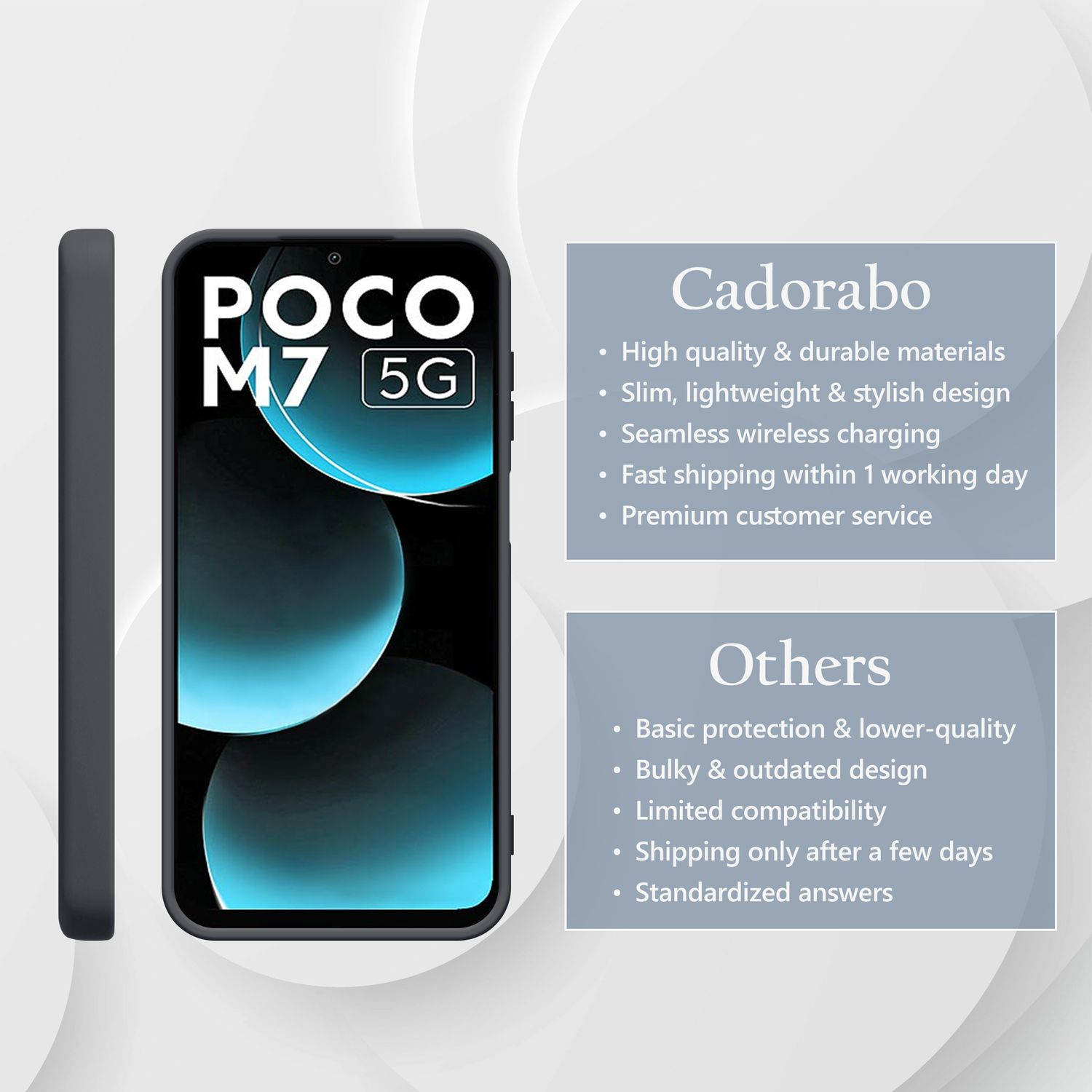 Dunkelgraues Handy mit POCO M7 5G Schriftzug und blauen Kreisen.