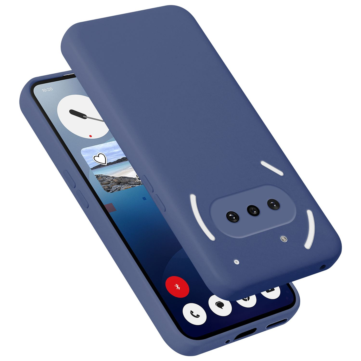Ein blauer Handyhülle mit Kameramodul und einem Telefonbildschirm.