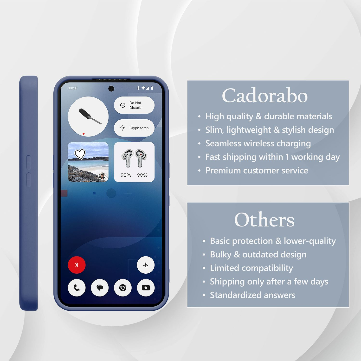 Ein blaues Smartphone mit einem Kasten daneben. Die Kasten beschreibt Cadorabo.