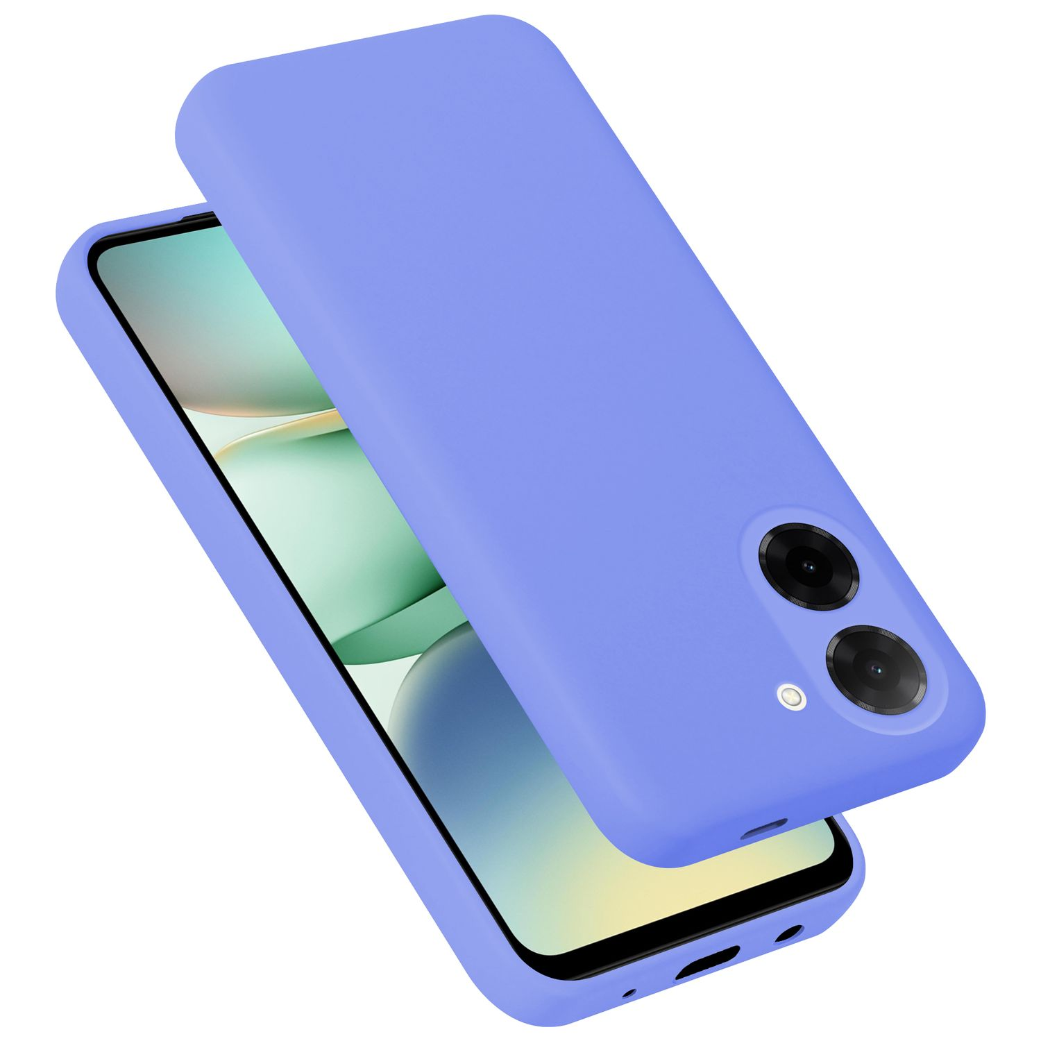 Eine lila Handyhülle liegt über einem Smartphone. Die Hülle hat zwei Kameras.