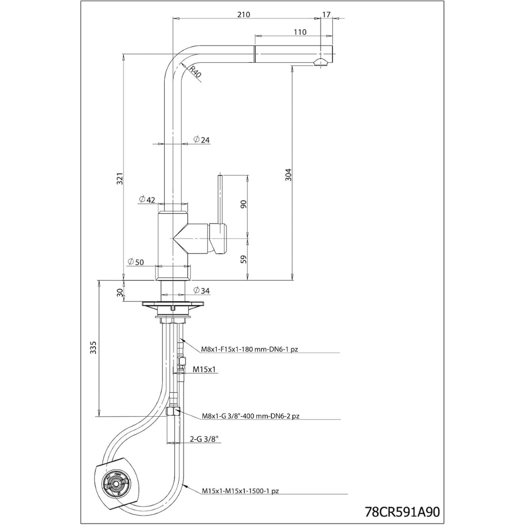 Disegno tecnico di un rubinetto con dimensioni e numeri di parte.