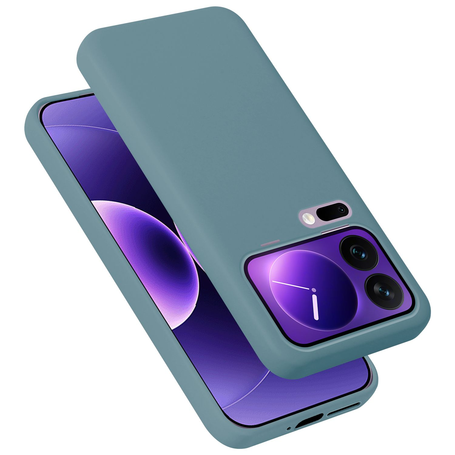 Ein blauer Handyhülle liegt auf einem Smartphone mit violetter Anzeige.