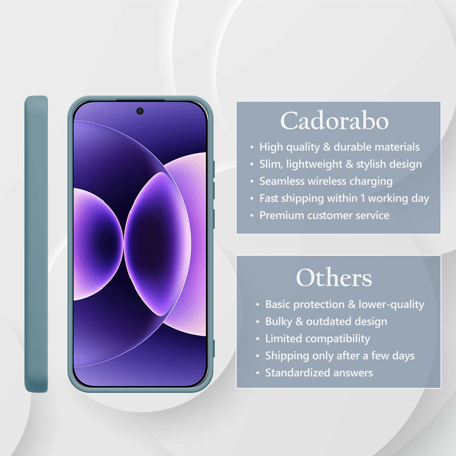 Ein türkisfarbenes Handyhülle neben einem Smartphone mit violetter Hintergrundgrafik.