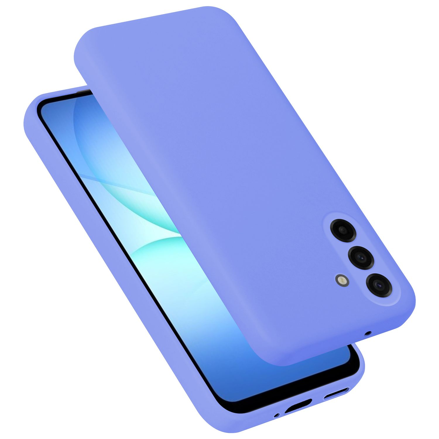 Ein lavendelfarbener Handykoffer mit drei Kameralinsen, der auf einem Telefon sitzt.