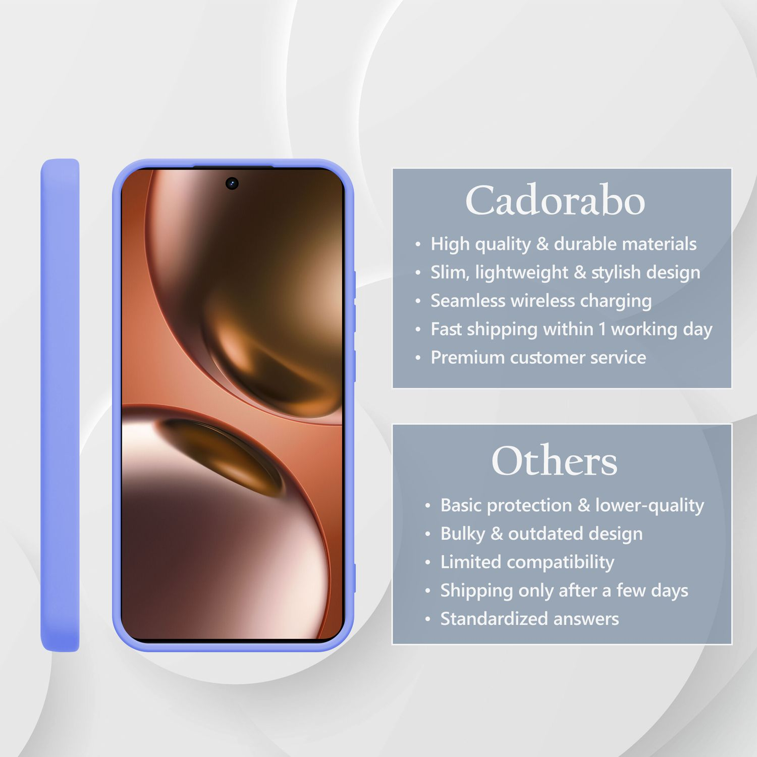 Ein lila Handyhülle neben einem Smartphone mit stilvollem Design.