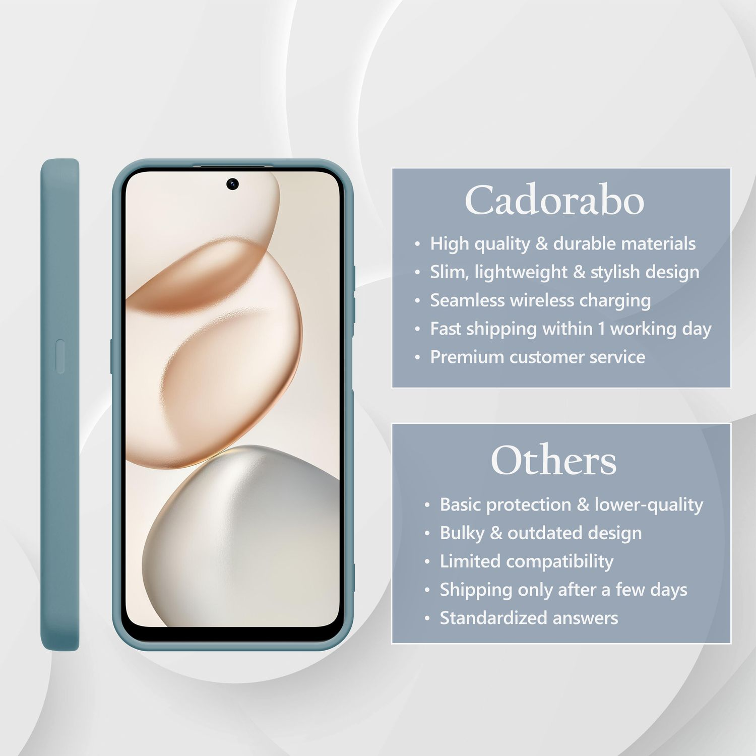 Ein tealfarbenes Handy mit Hülle und Text über Cadorabo-Qualitäten.