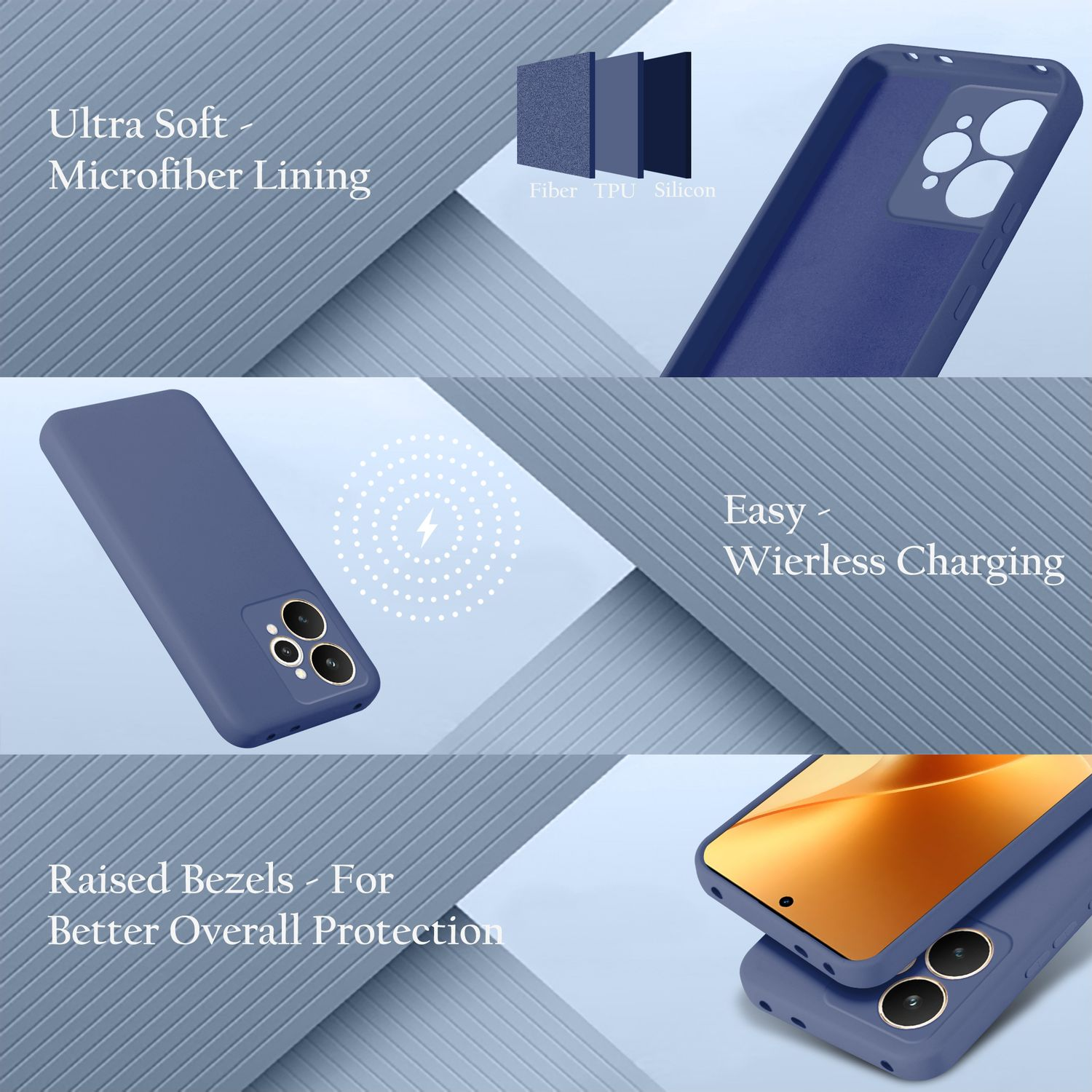 Ein blaues Handycover mit Mikrofaserfutter, einfacher kabelloser Ladung und erhöhten Rändern.