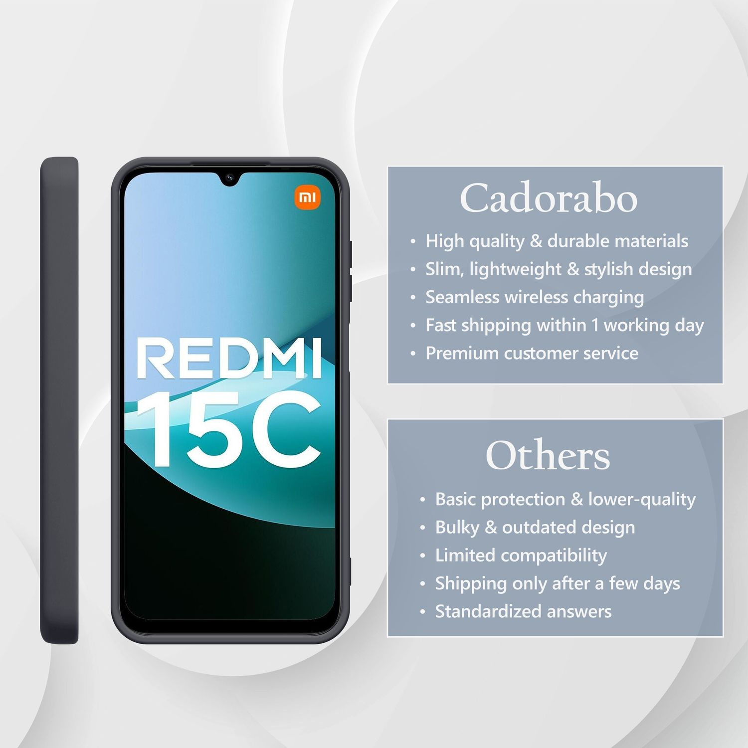 Ein Redmi 15C Smartphone mit schwarzer Hülle daneben. Infos zu Cadorabo-Produkten.