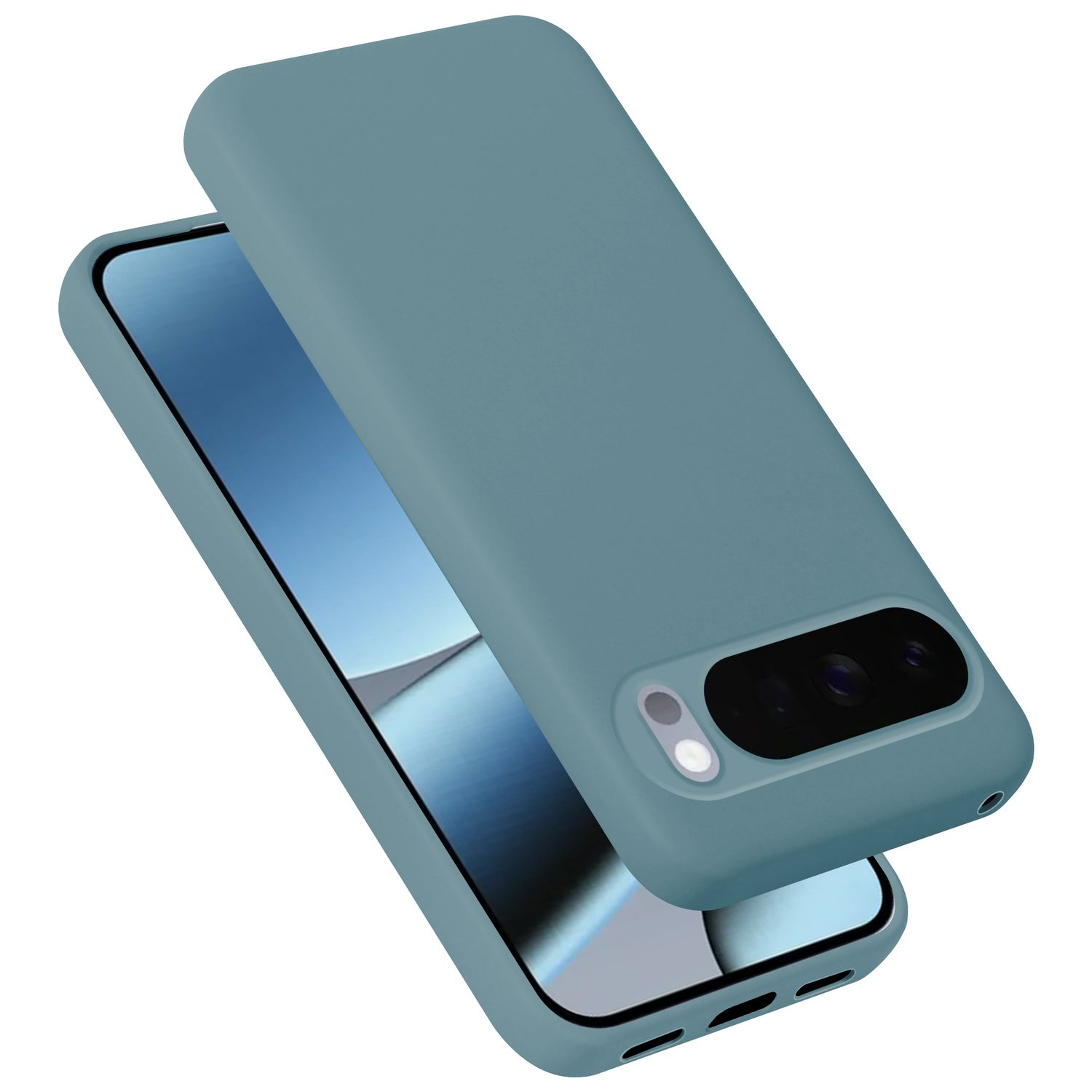 Blauer Handyhülle mit Kameraöffnung und Blitz, auf einem Handy.