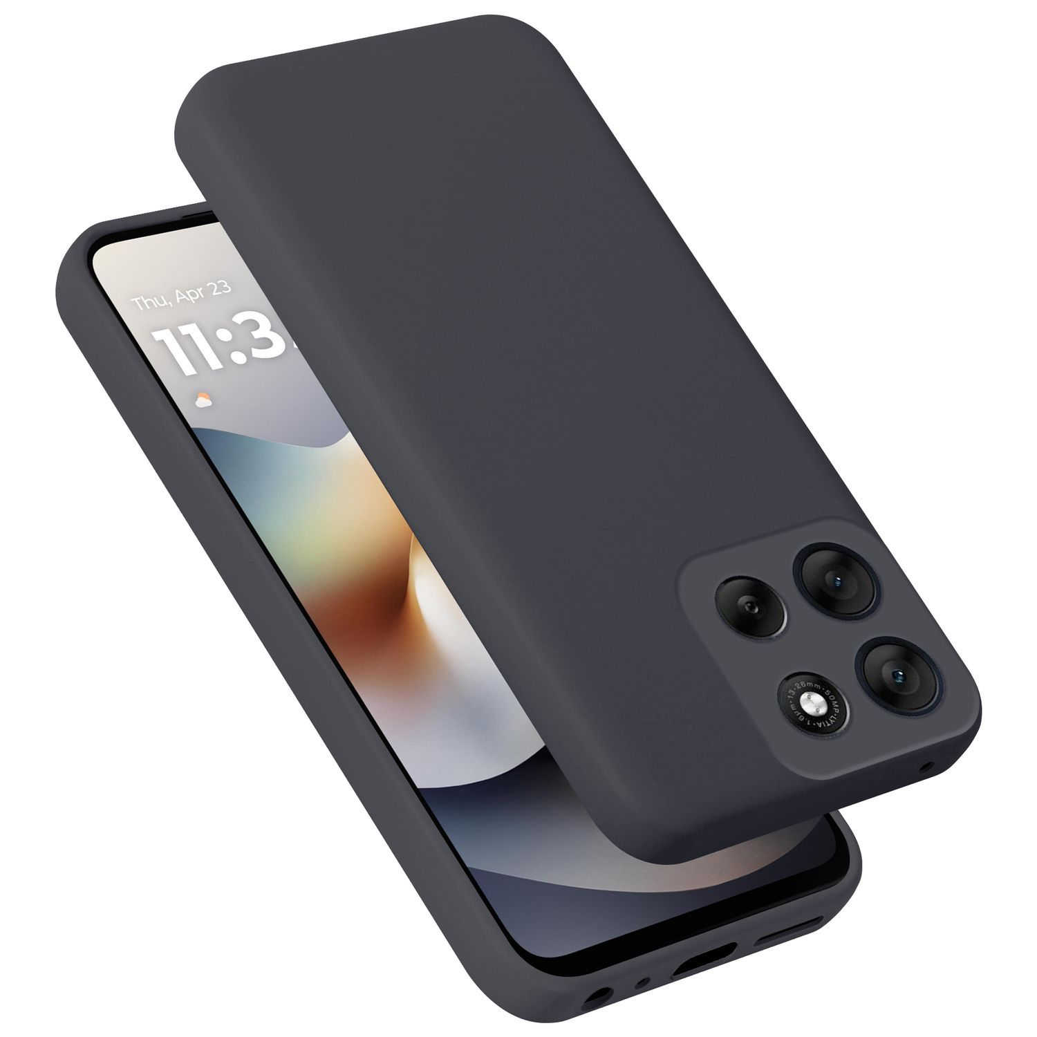 Dunkelgraues Handy mit drei Kameras und einer Displayanzeige.