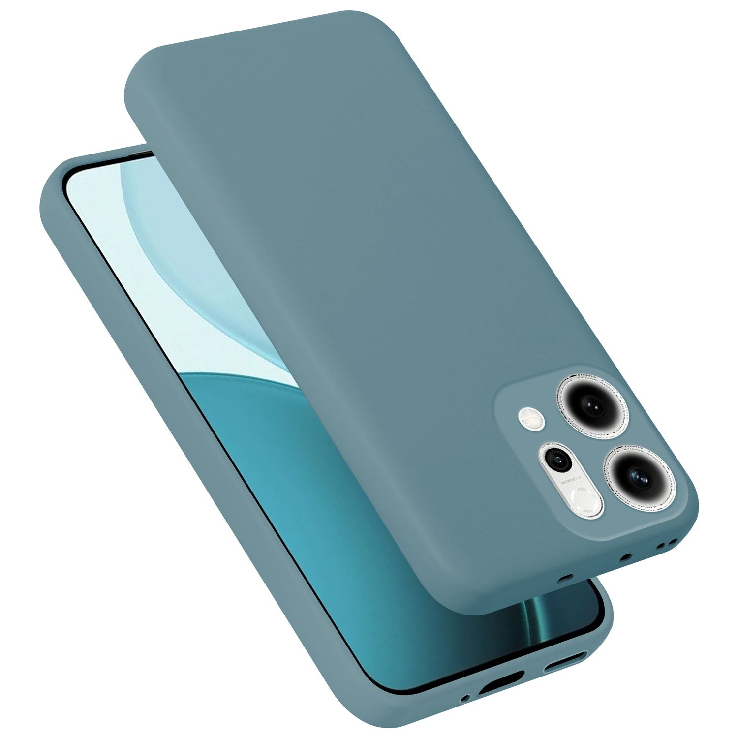 Ein blauer Handyhülle liegt auf einem Telefon mit blauem Bildschirm.