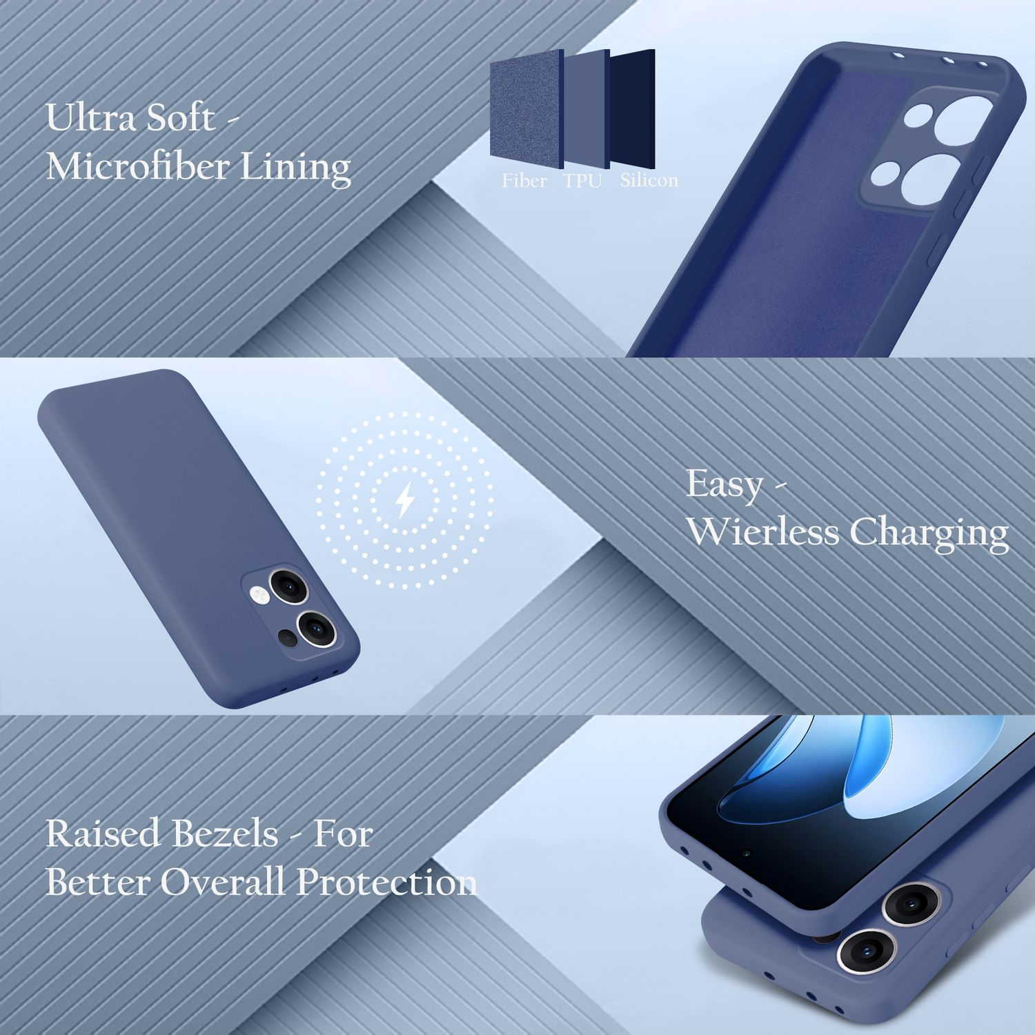 Eine blaue Handyhülle mit drei Schichten: Mikrofaser, TPU und Silikon.