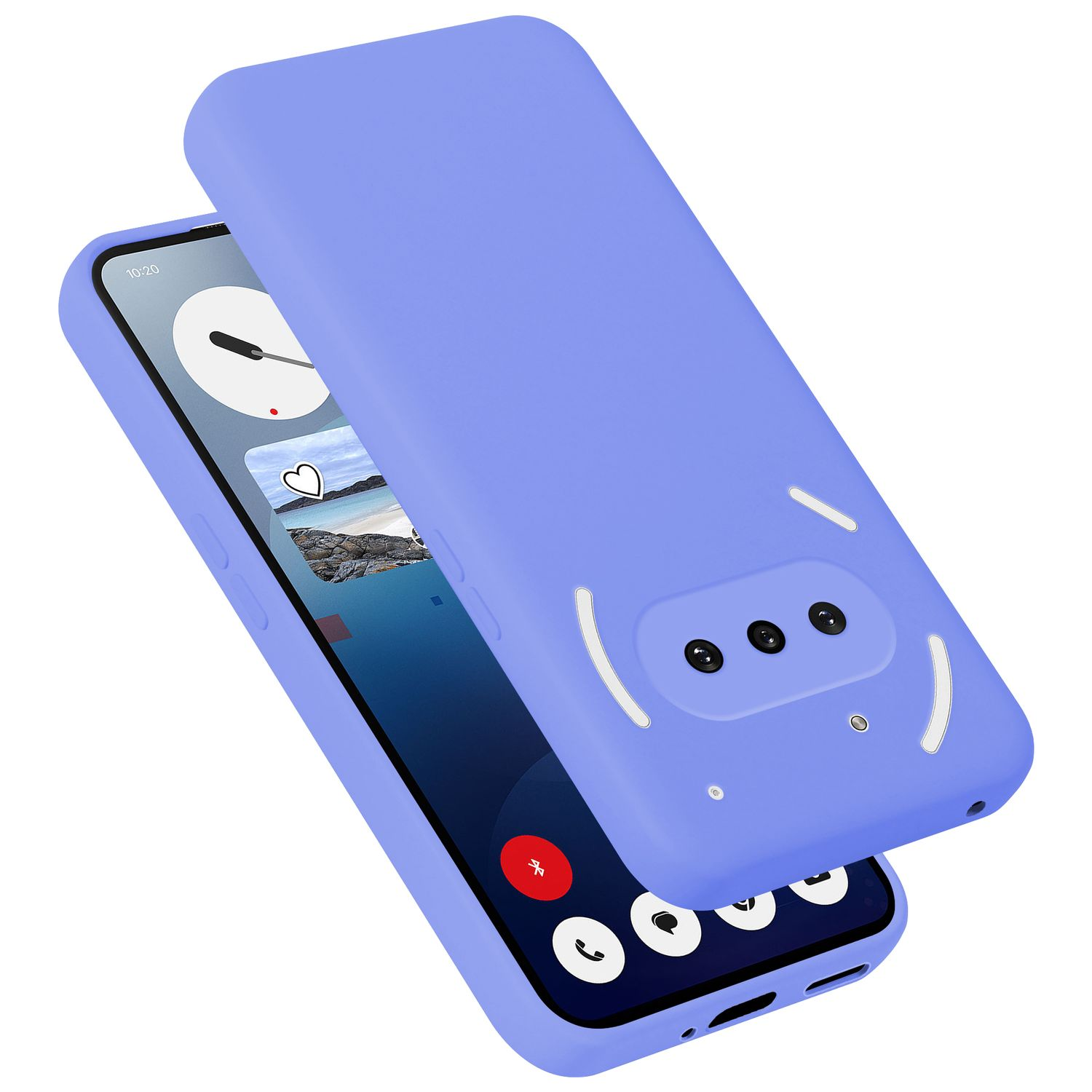 Ein lila Handy mit einer geöffneten Hülle. Drei Kameras sind sichtbar.