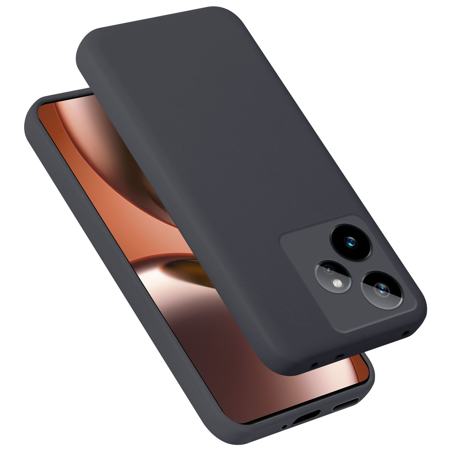 Dunkelgraue Handyhülle über einem Smartphone mit orangem Bildschirm.