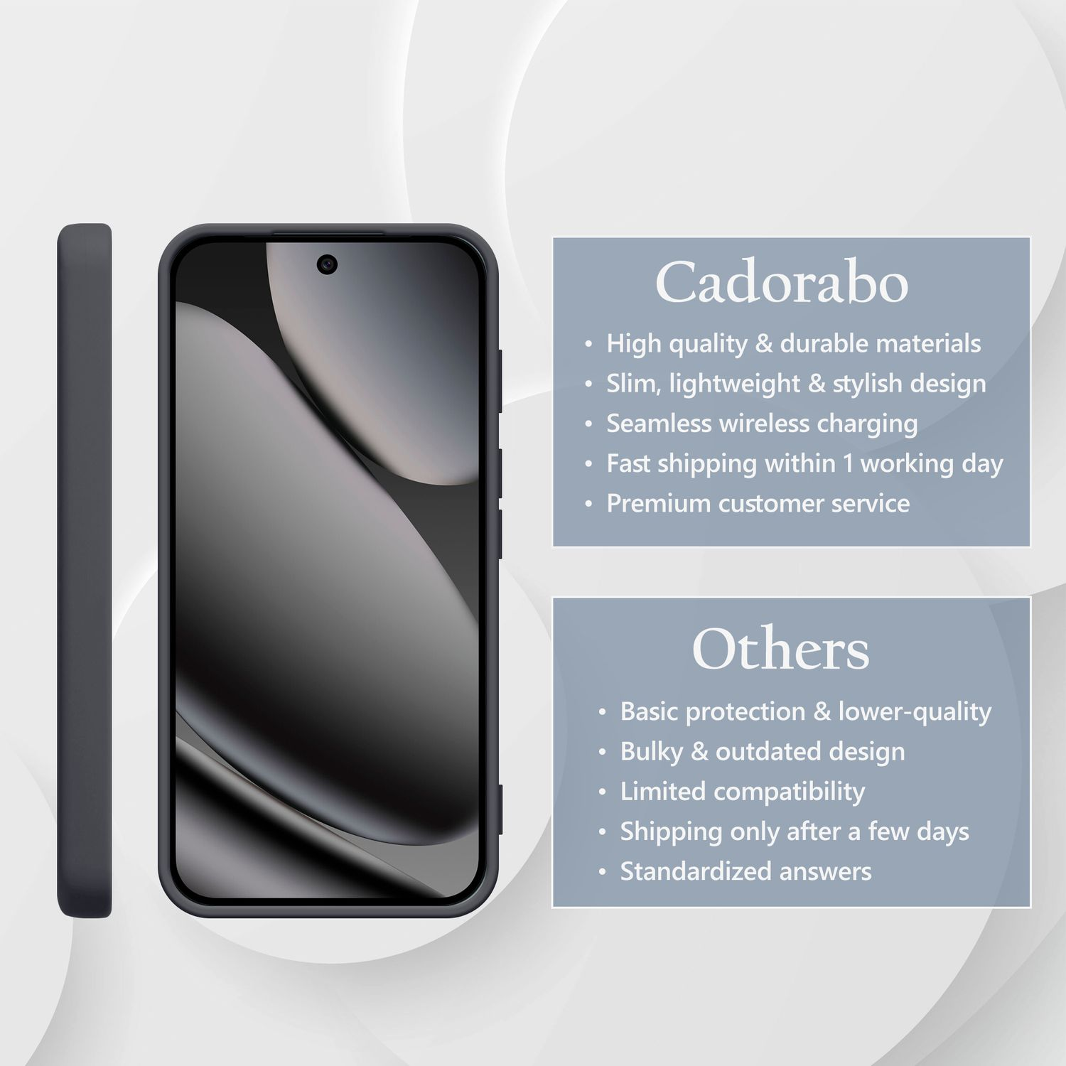 Graues Handycase mit Produktmerkmalen von Cadorabo und Alternativen.