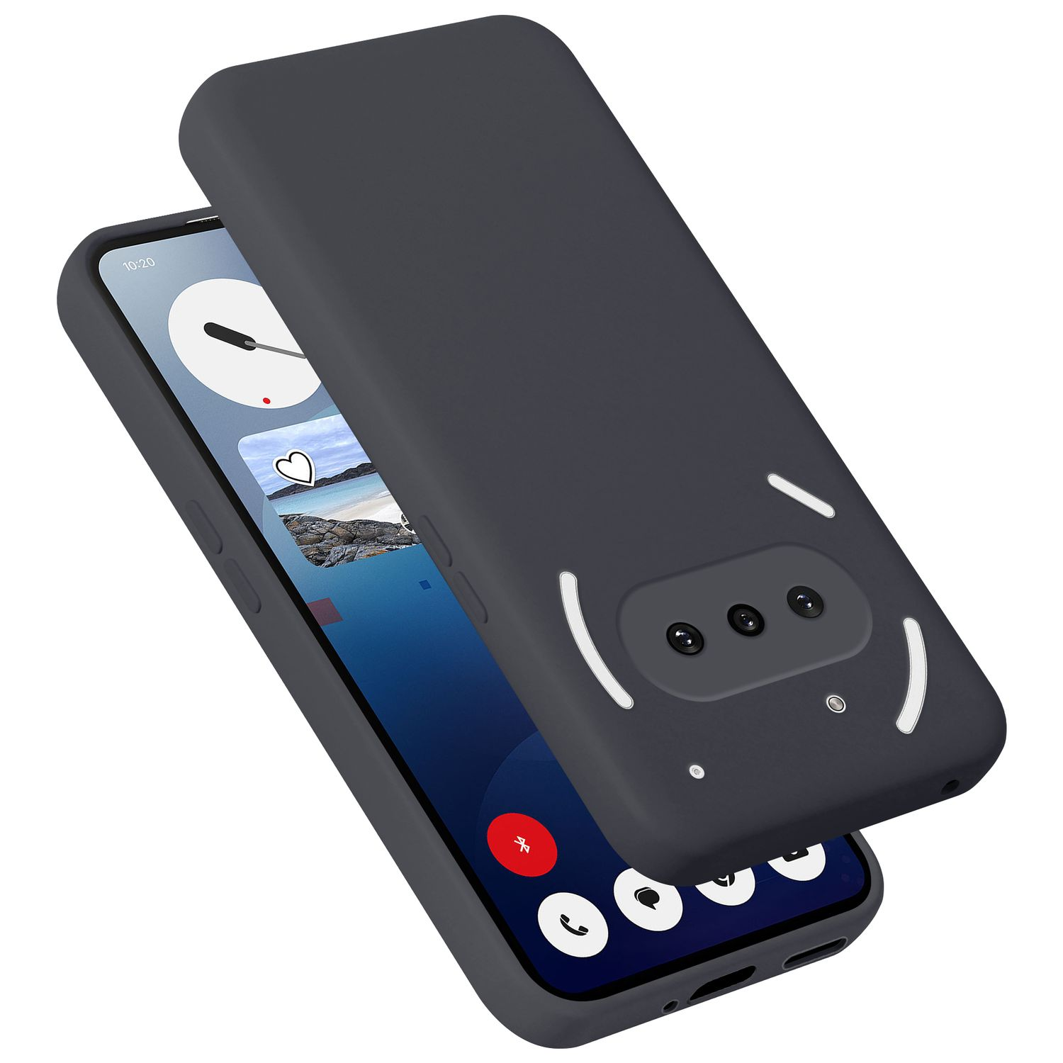 Dunkelgraues Handy mit Hülle. Drei Kameralinsen auf der Rückseite.