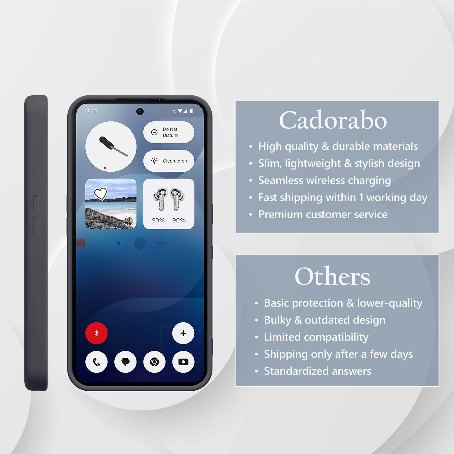 Ein graues Smartphone mit geöffneter Benutzeroberfläche und Vergleichstexten.