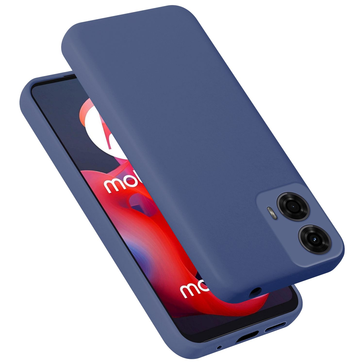 Ein blaues Handygehäuse über einem Handy mit rotem Hintergrund.