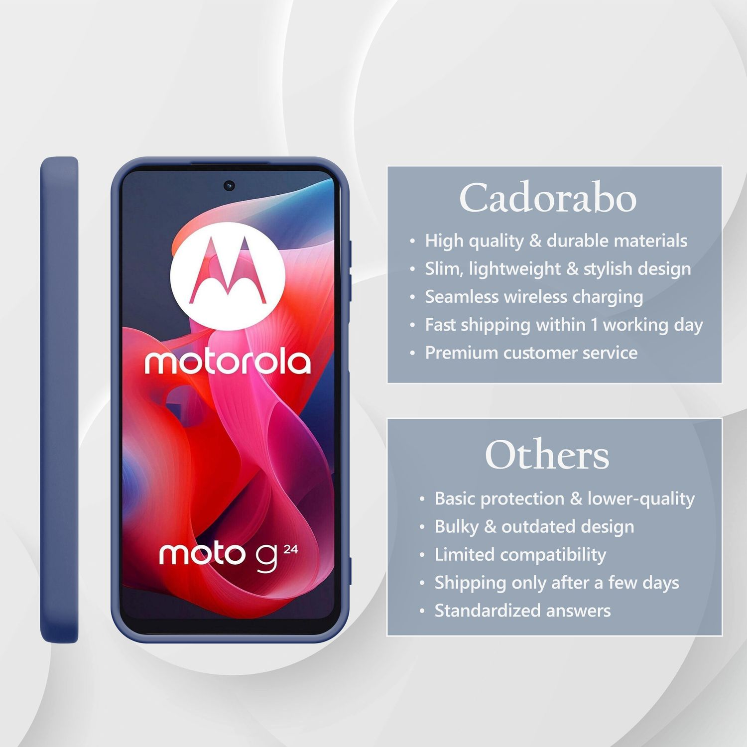 Motorola Moto G 24 Smartphone mit Cadorabo Hülle. Links: Hülle. Rechts: Telefon.