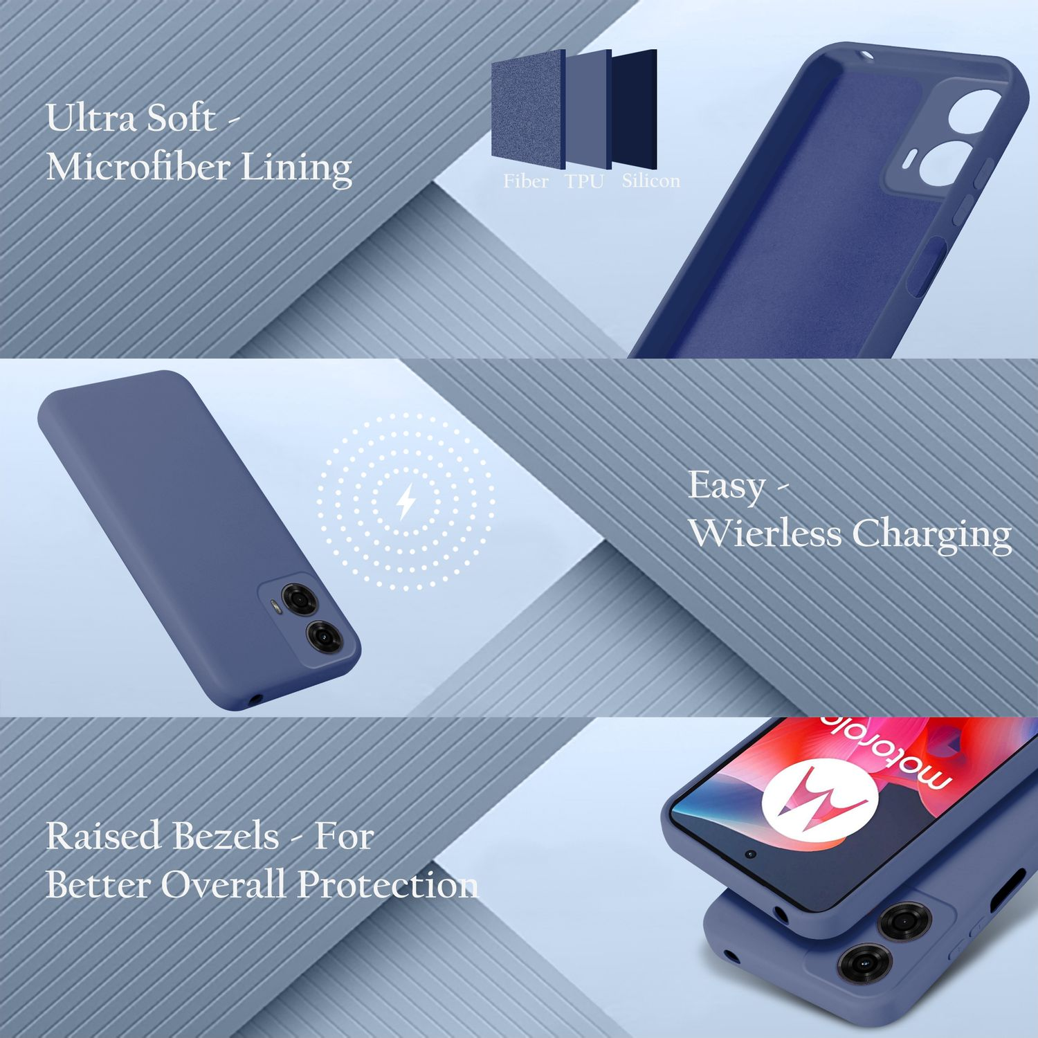 Ein blaues Handycover mit Mikrofaserfutter, kabellosem Laden und erhöhten Rändern.