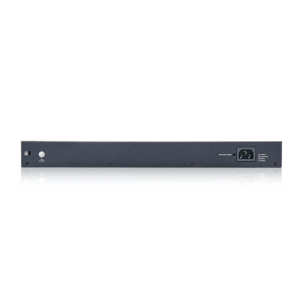 Dunkelgraues Netzwerk-Switch-Gehäuse mit Ladeanschluss und Symbolen.