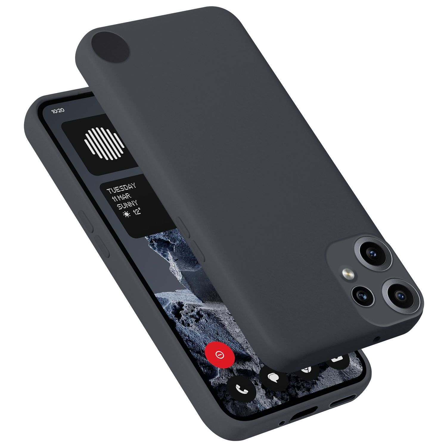 Dunkelgraues Handy mit Hülle, zwei Kameras und einem roten Kreis-Symbol.