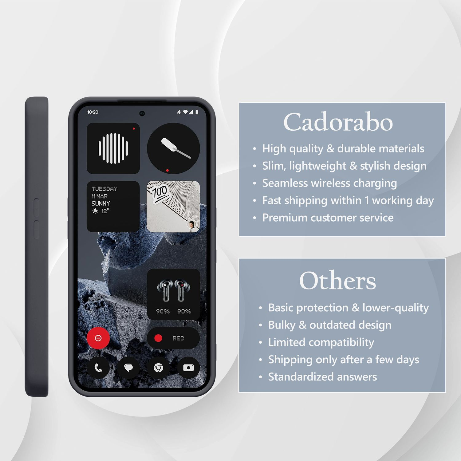 Dunkelgraues Smartphone mit Widgets und einer Hülle daneben. Vergleich von Cadorabo mit anderen.