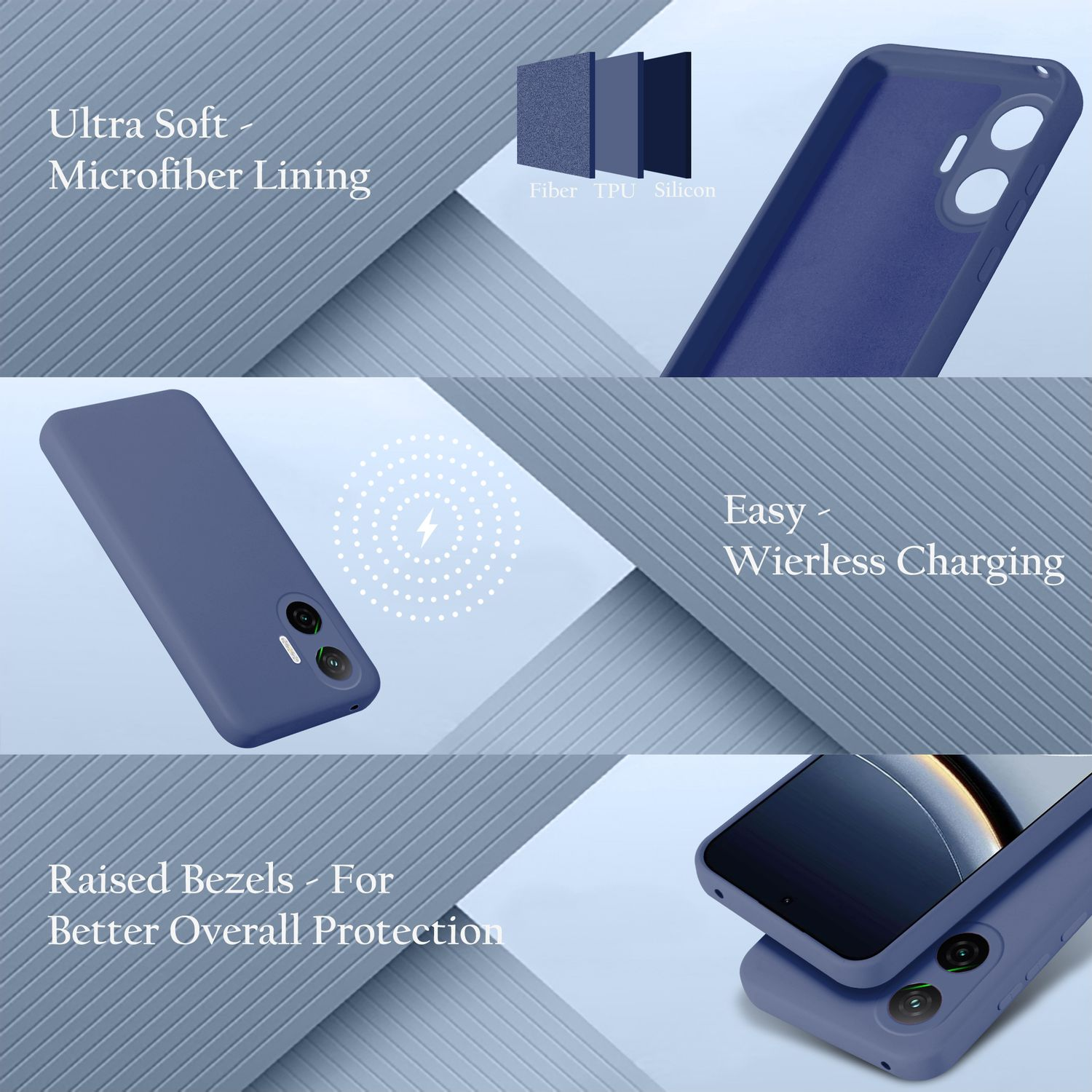 Drei Schichten: Mikrofaser, TPU, Silikon. Blaue Handyhülle mit Kameras.