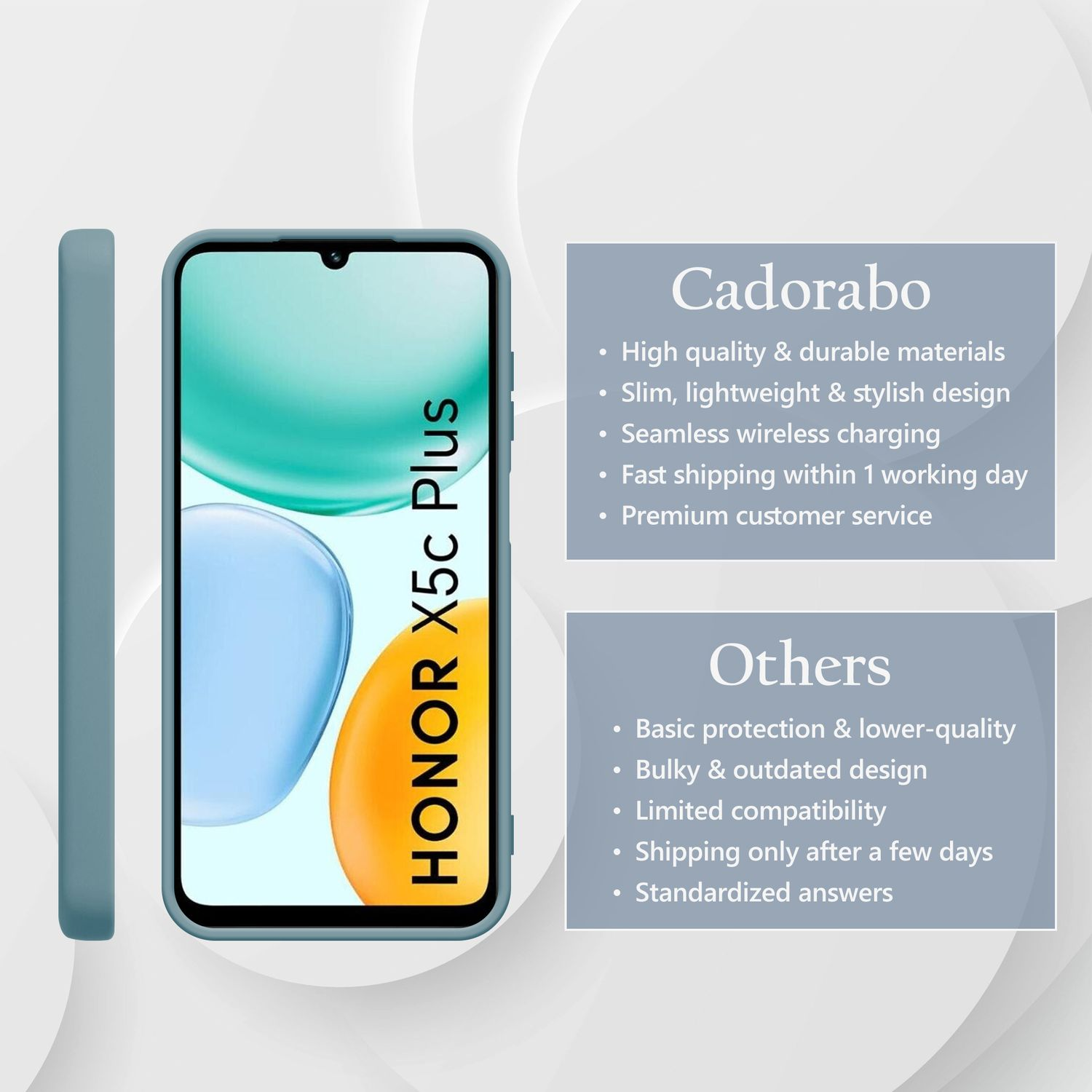 Ein türkisfarbener Handyhülle neben einem Smartphone mit HONOR X5c Plus.
