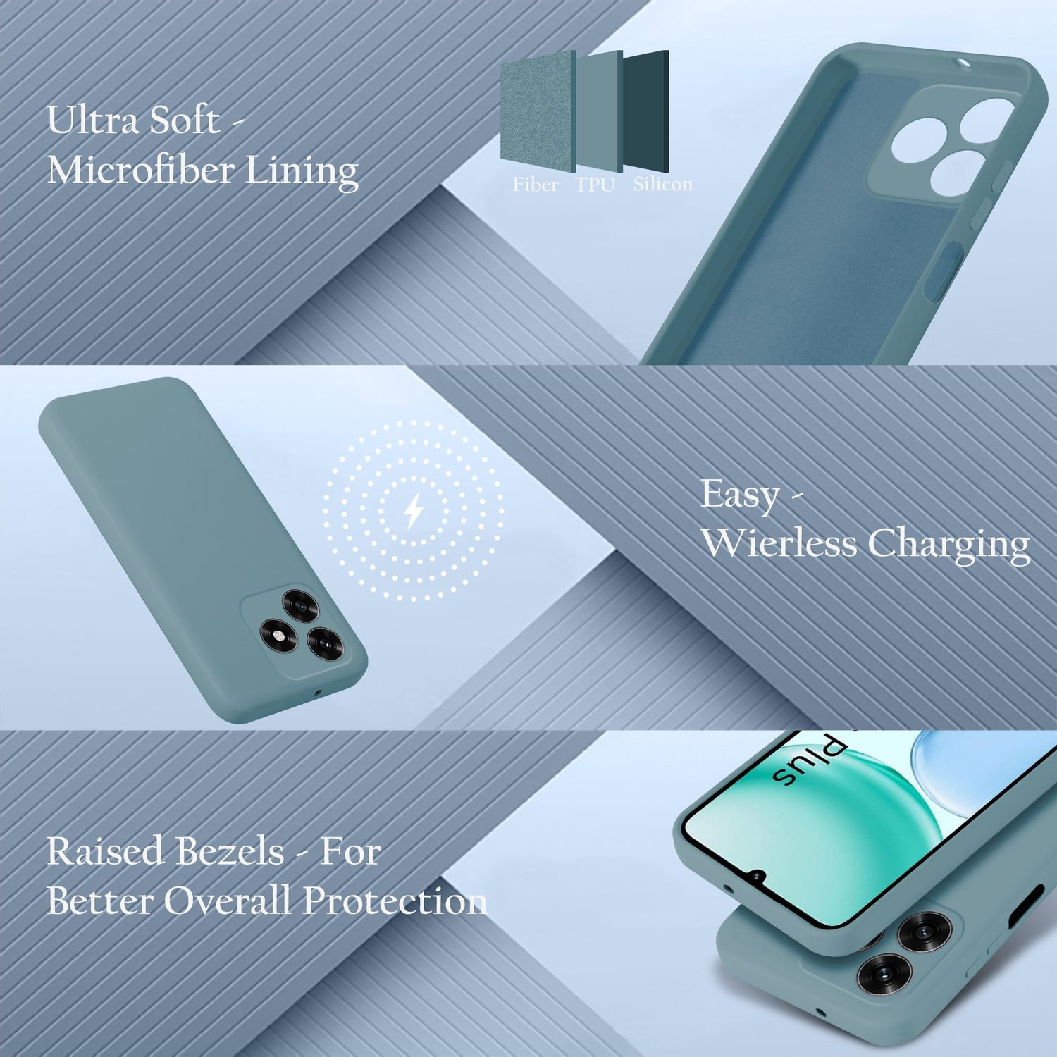 Eine teal Handyhülle mit Mikrofaserfutter, einfacher kabelloser Ladefunktion und erhöhten Rändern.