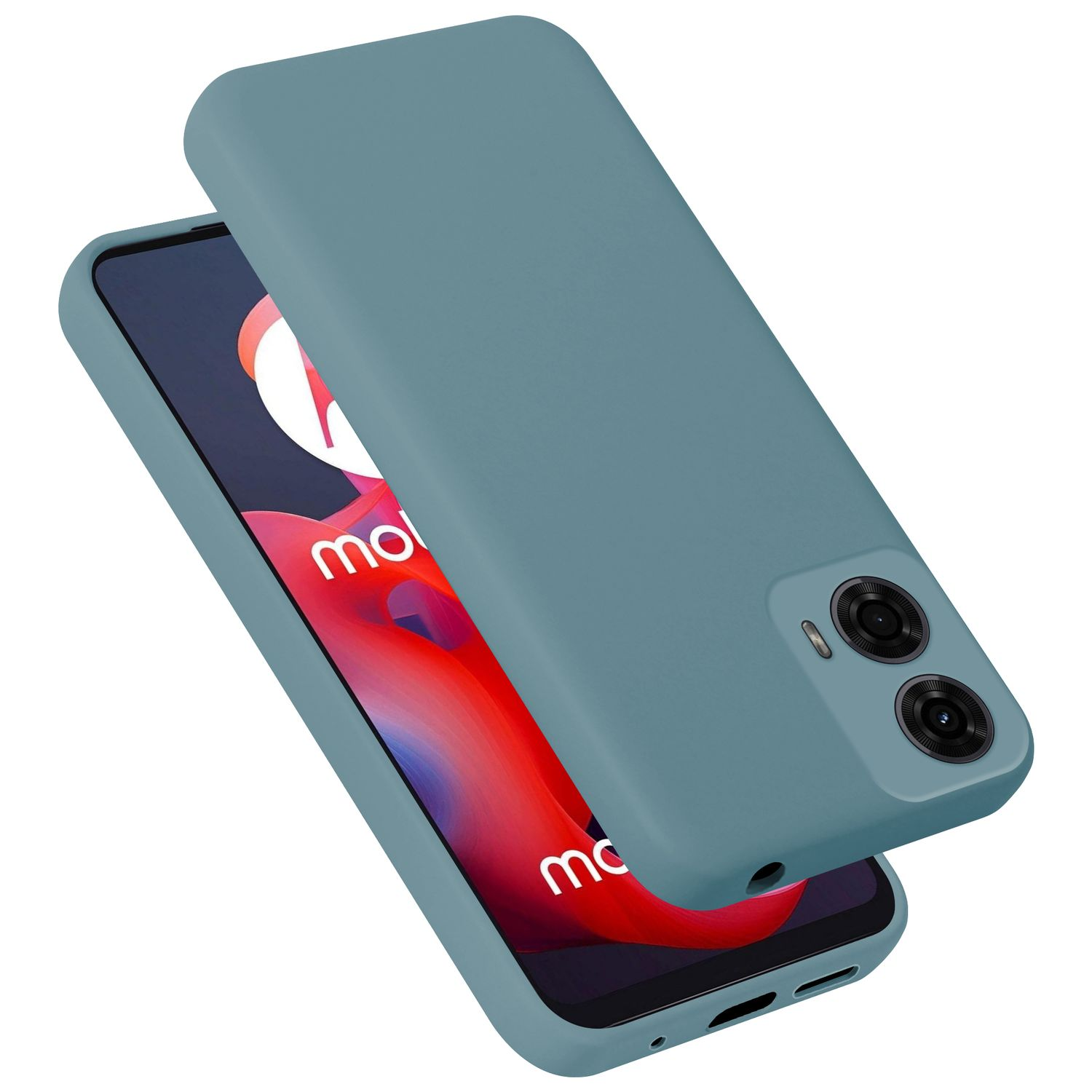 Ein blaugraues Handy-Case bedeckt ein Smartphone mit rotem Hintergrund.