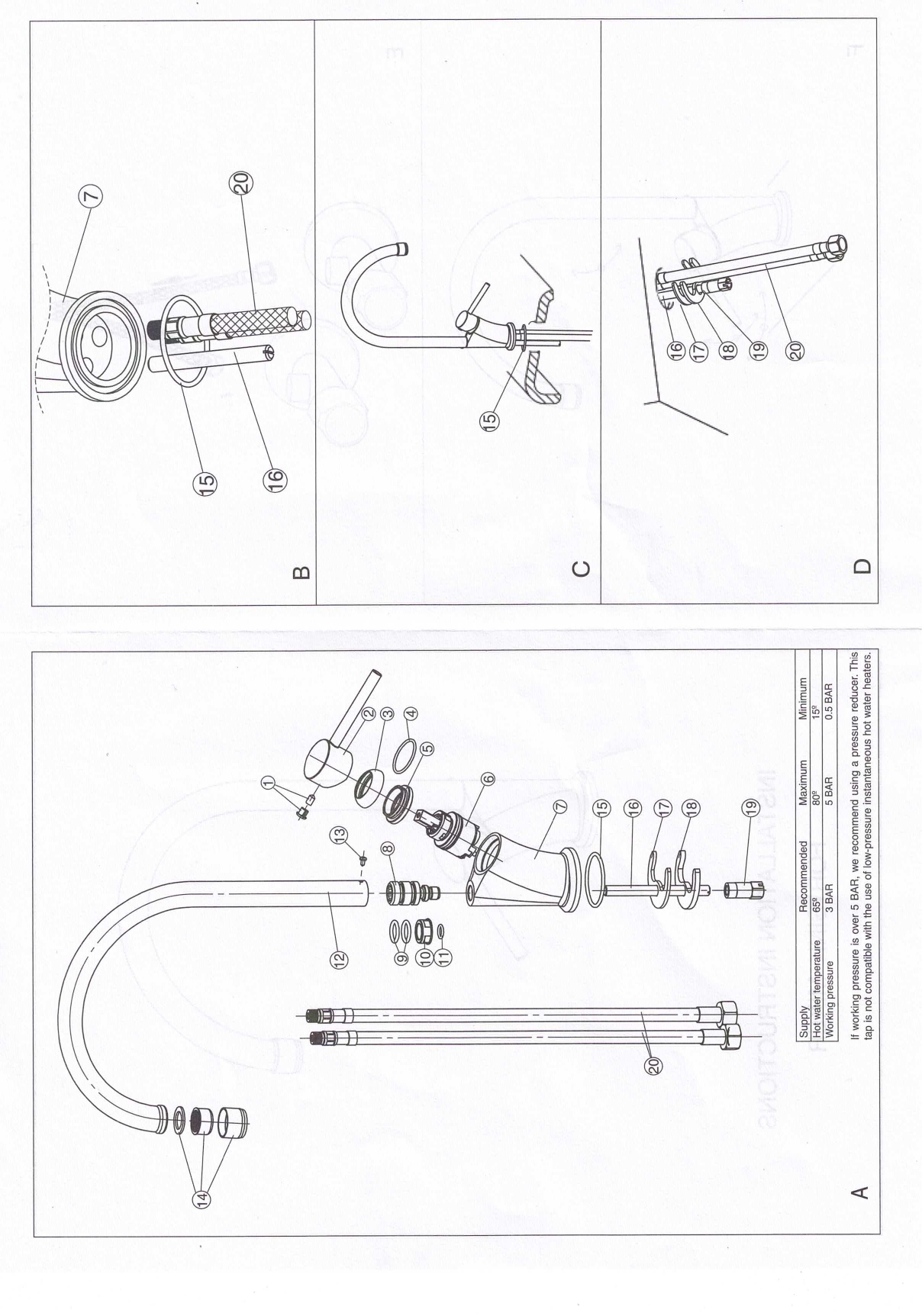 Disegno tecnico di un rubinetto con parti e specifiche.