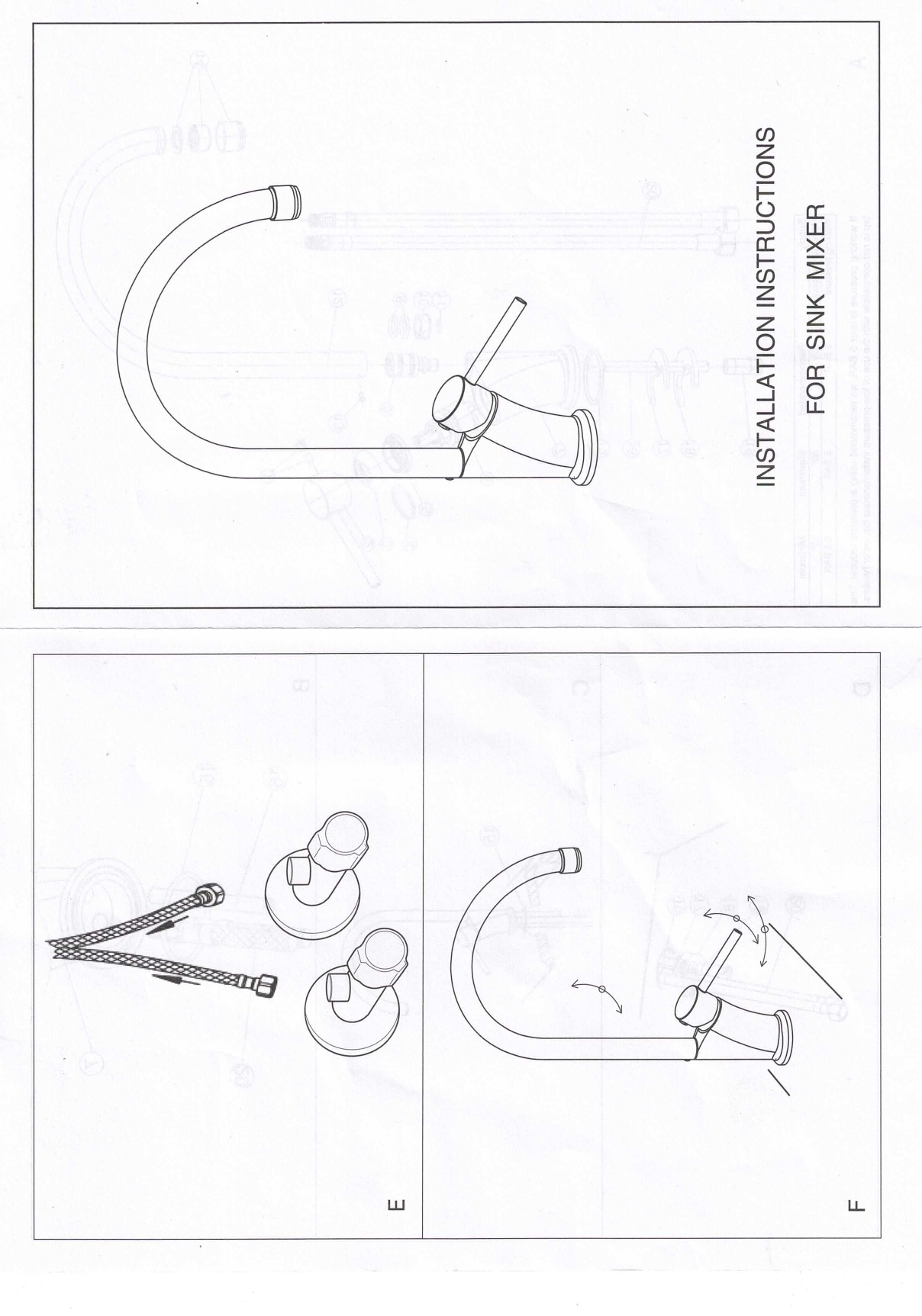 Disegni al tratto mostrano parti del miscelatore per lavello e diagrammi di installazione.
