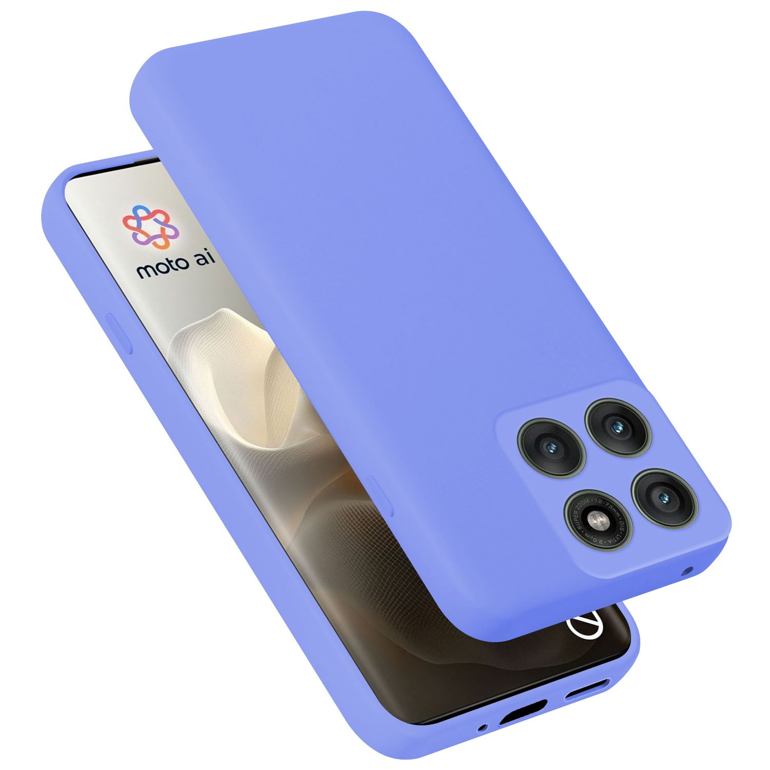 Eine lila Handyhülle über einem Telefon mit Moto AI-Logo.