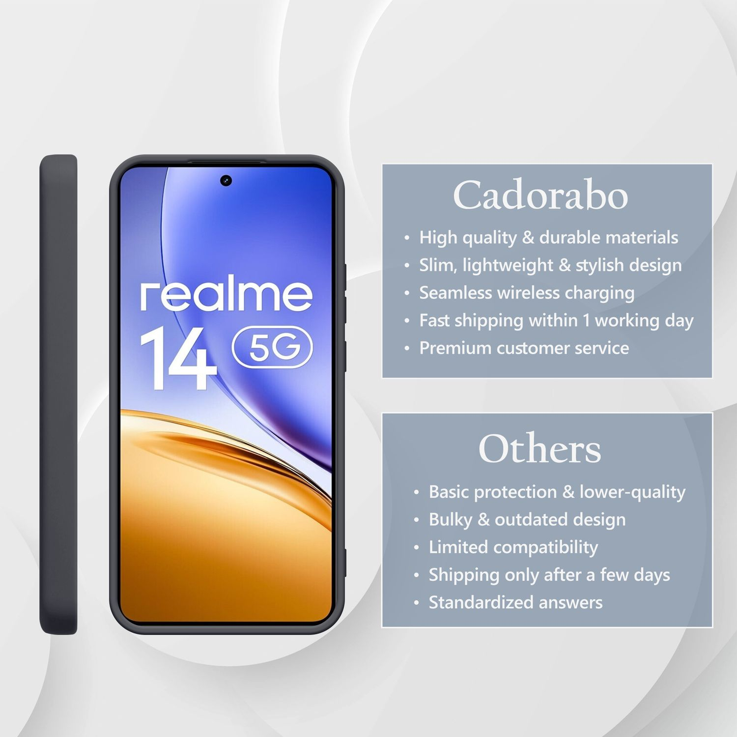 Ein Realme 14 5G Smartphone in einer schwarzen Hülle, daneben eine Liste von Cadorabo-Vorteilen.