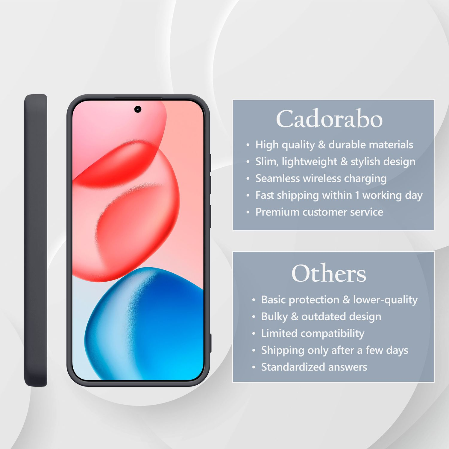 Ein dunkles Handycase neben einem Smartphone mit bunter Hintergrundgrafik.