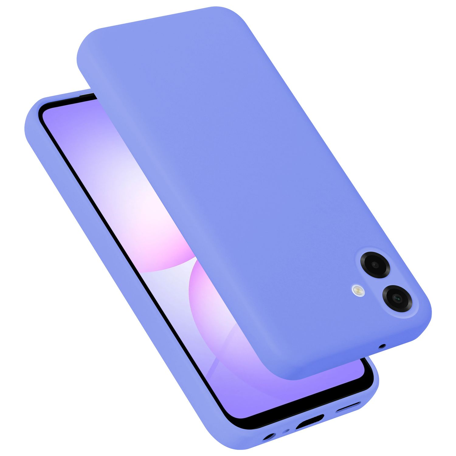 Ein lila Handyhülle liegt über einem Smartphone mit violettem Bildschirm.