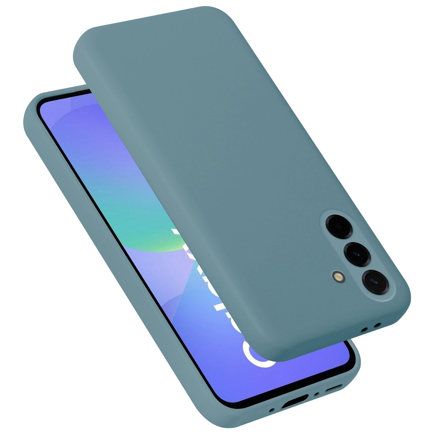 Ein blauer Handyhülle liegt auf einem Smartphone mit blauem Bildschirm.