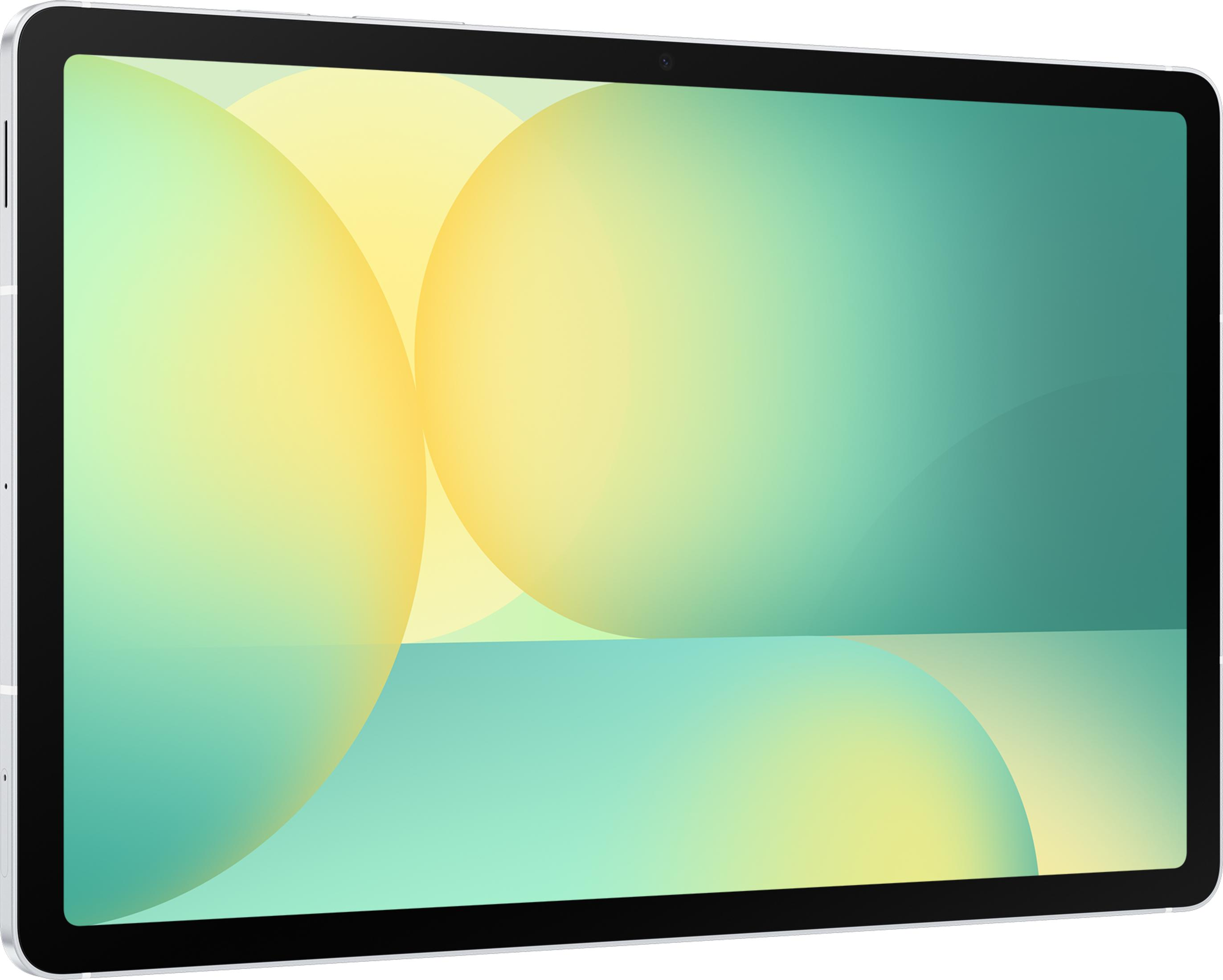 Ein silbernes Tablet mit einem bunten Hintergrund aus Kreisen.