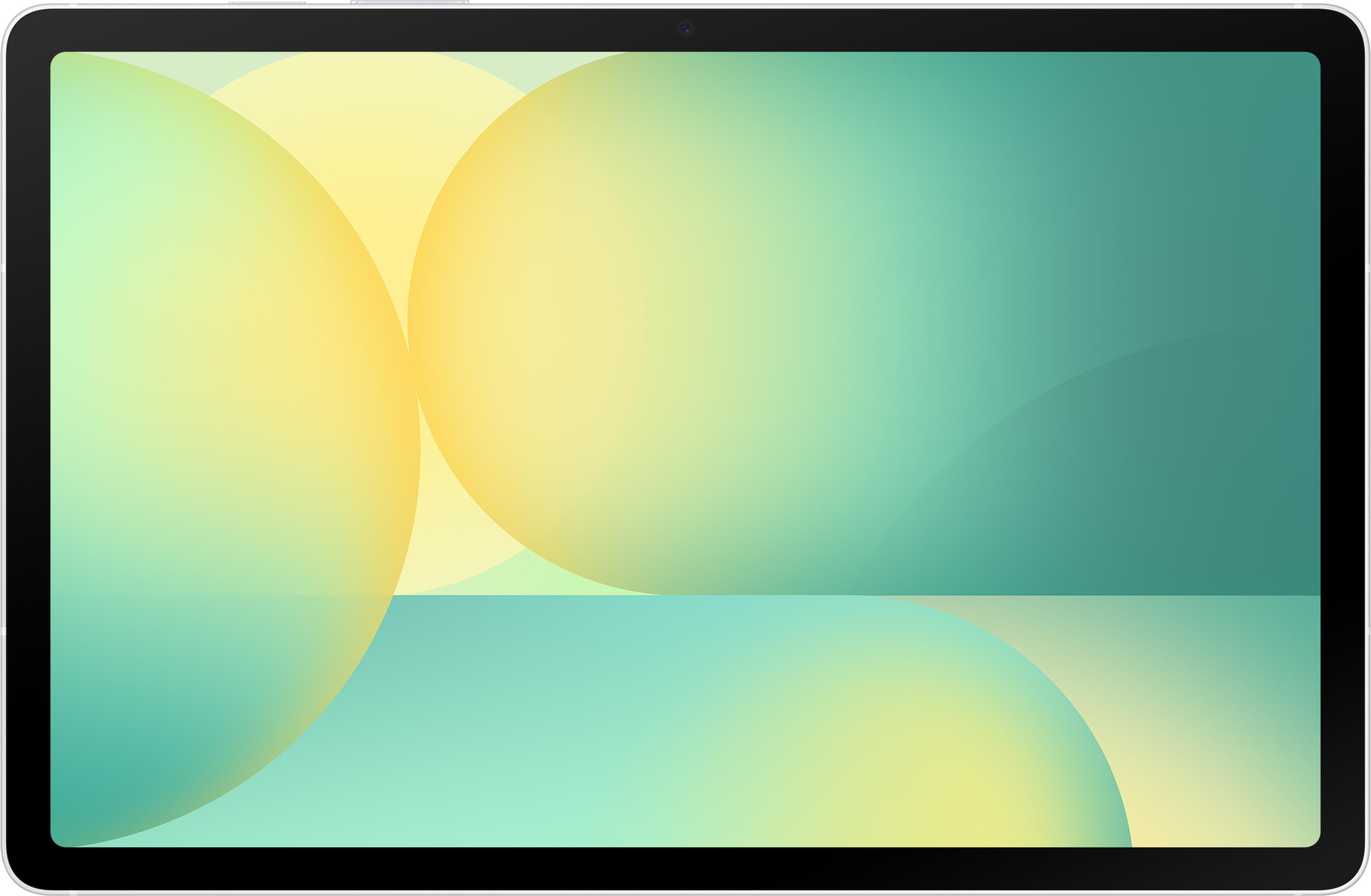Ein Tablet mit einem abstrakten Hintergrund aus sich überlappenden Kreisen in Gelb und Türkis.