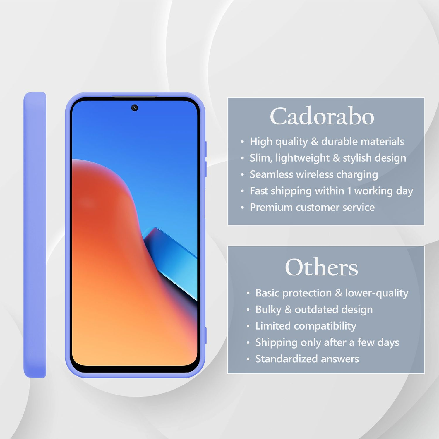 Ein violetter Handyhülle-Rahmen neben einem Smartphone mit orangem und blauem Hintergrund.