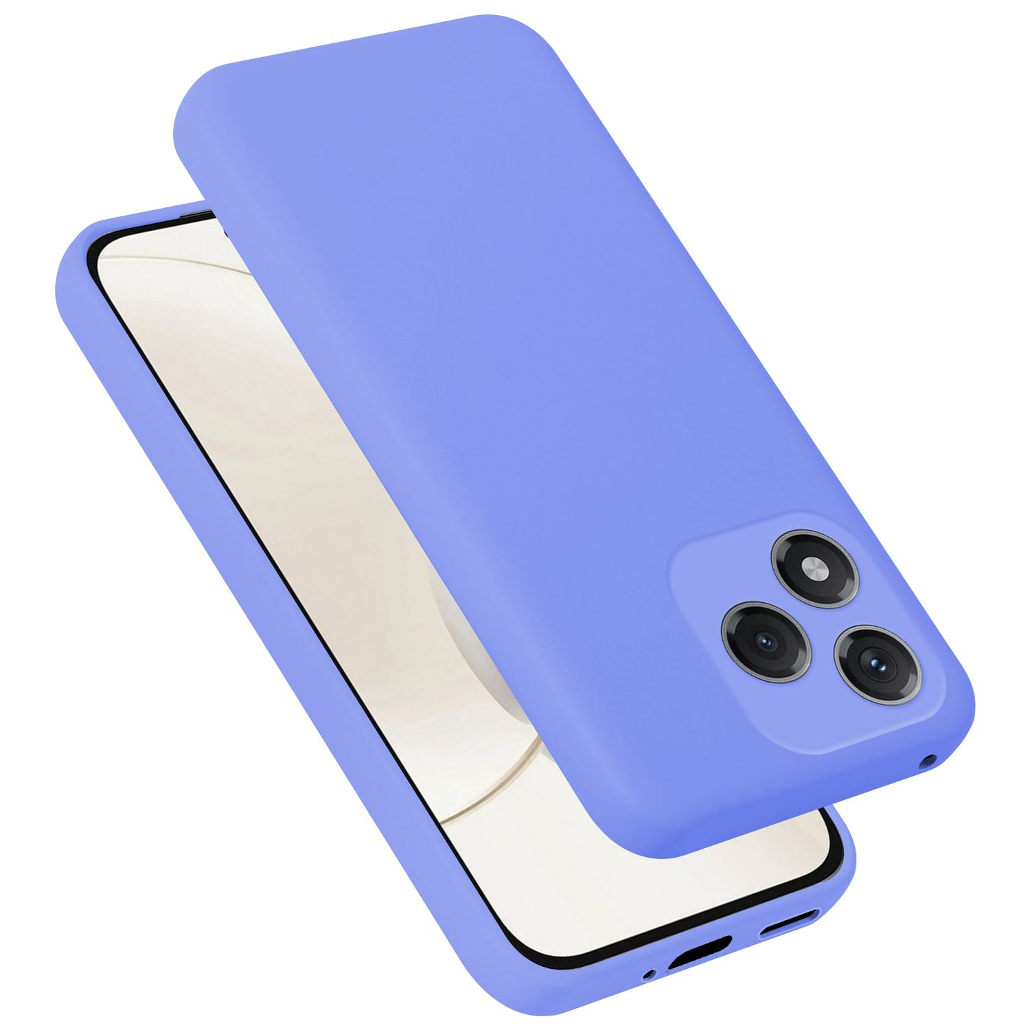 Ein lavendelfarbenes Handy-Case liegt auf einem Handy.